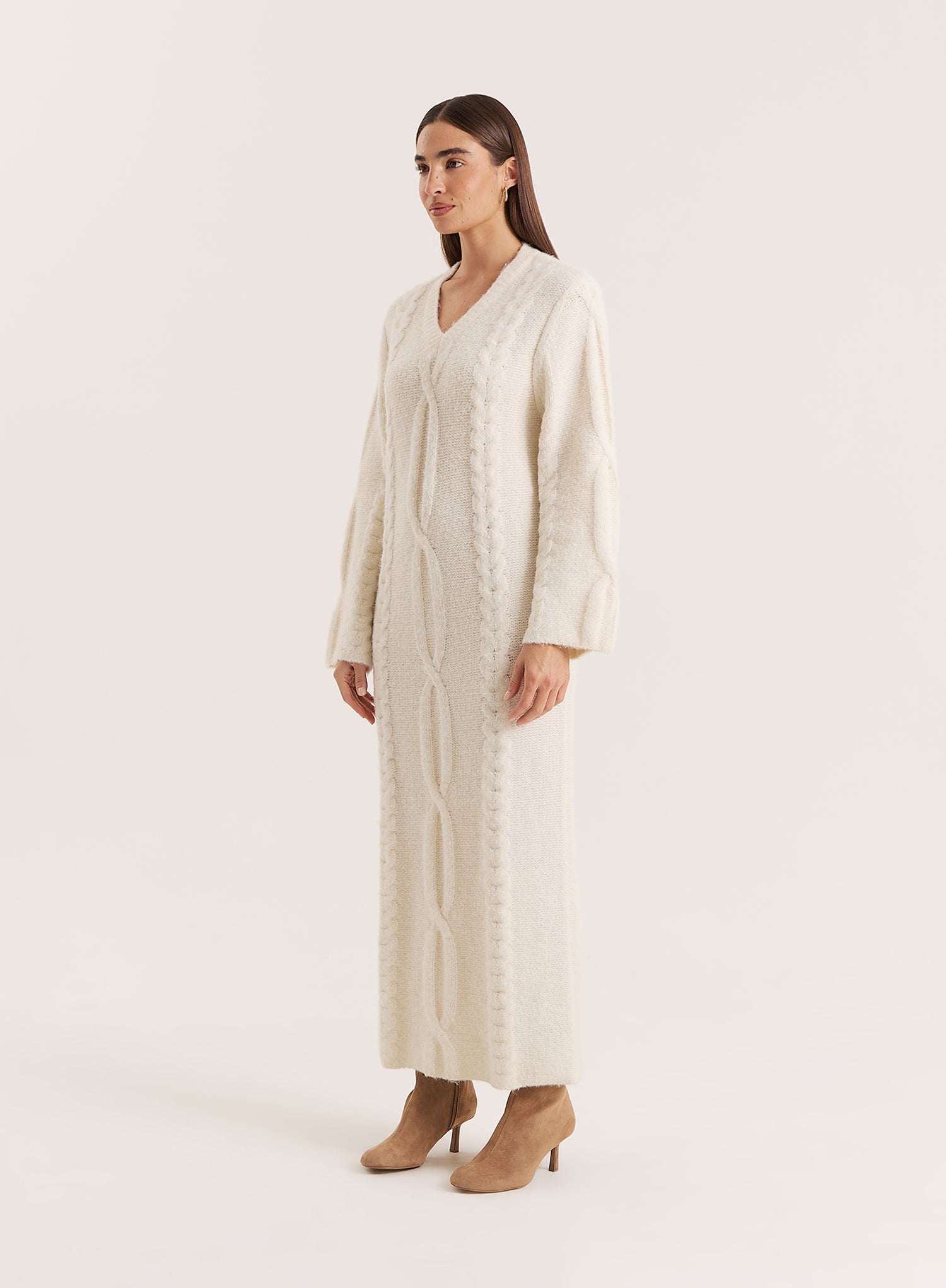 Cream Chunky Knit Wool Blend Maxi Dress