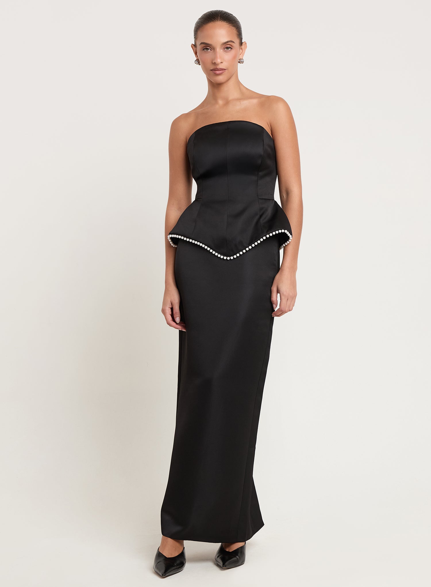 Black Satin Structured Column Maxi Skirt