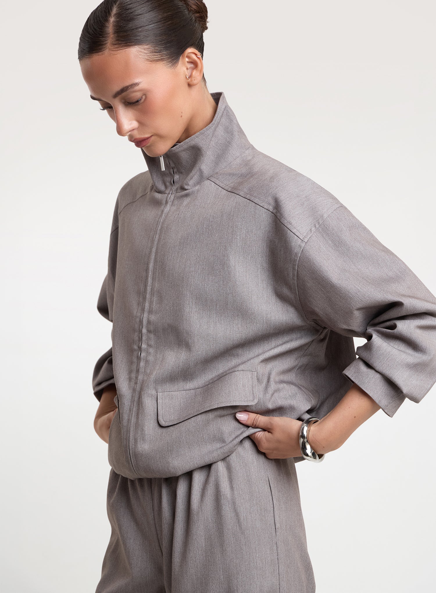 Grey Toggle Waist Funnel Neck Jacket