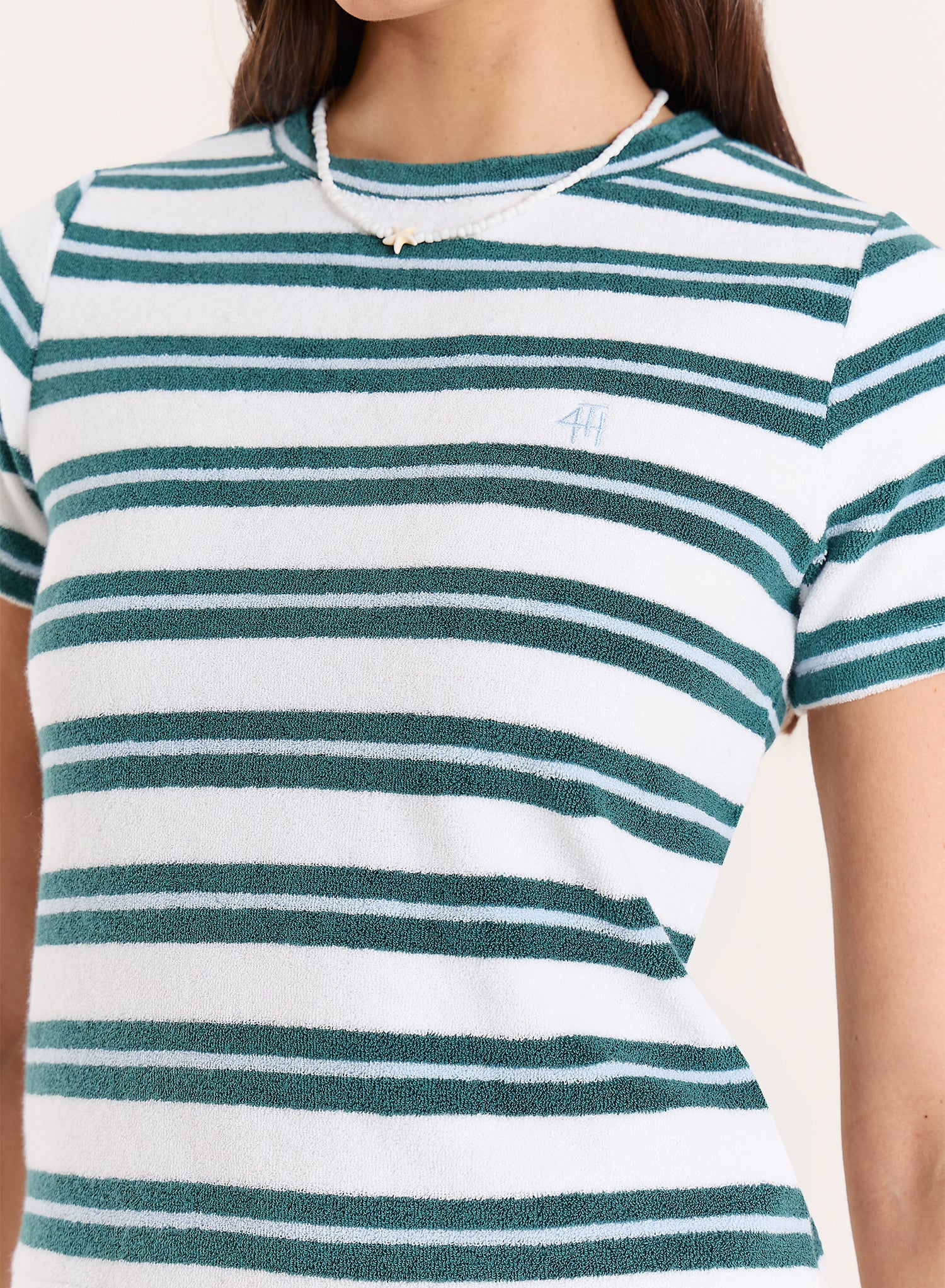 Green And White Stripe Towelling Short Sleeve Top
