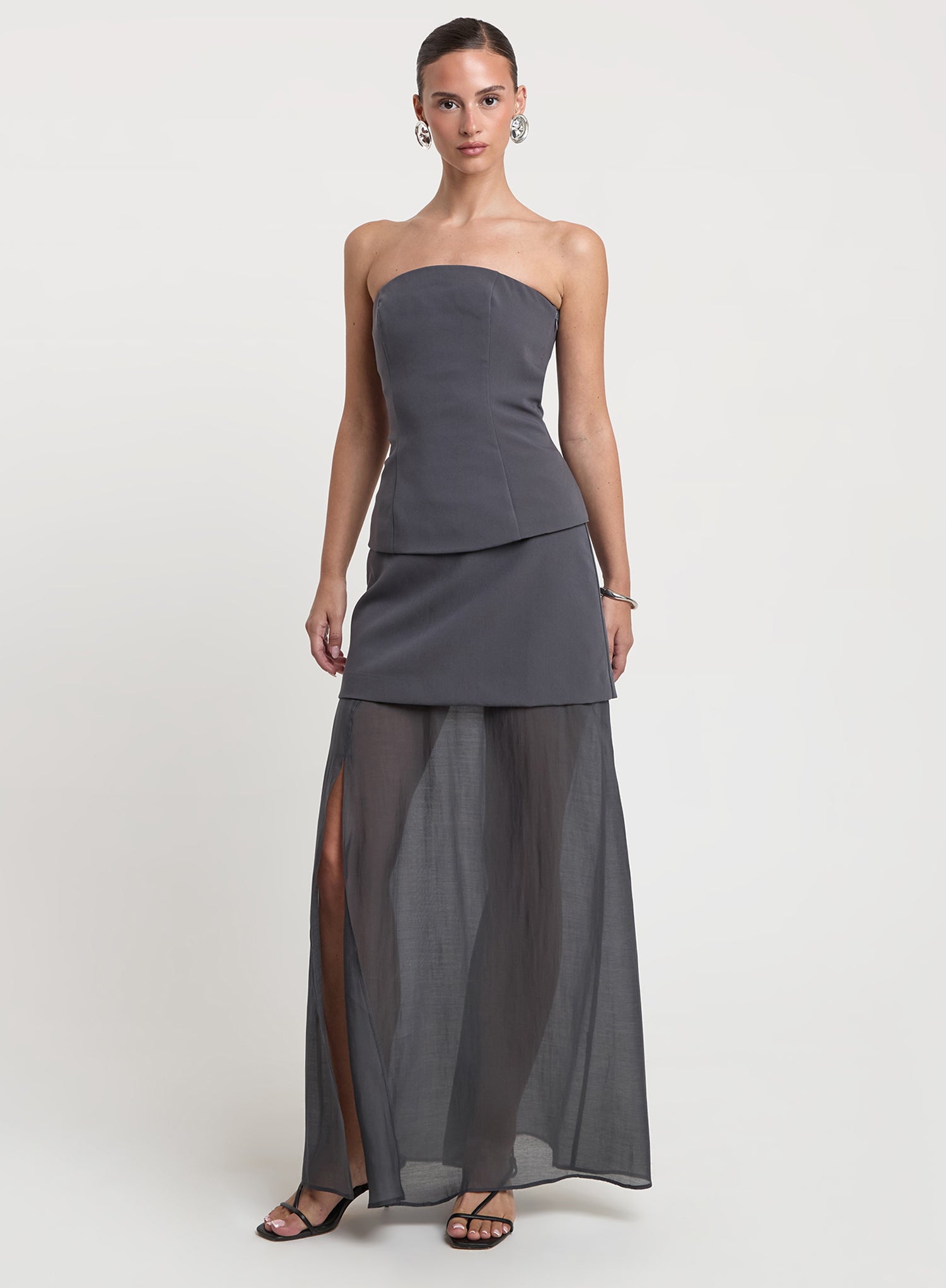 Grey Mesh Double Layer Maxi Skirt