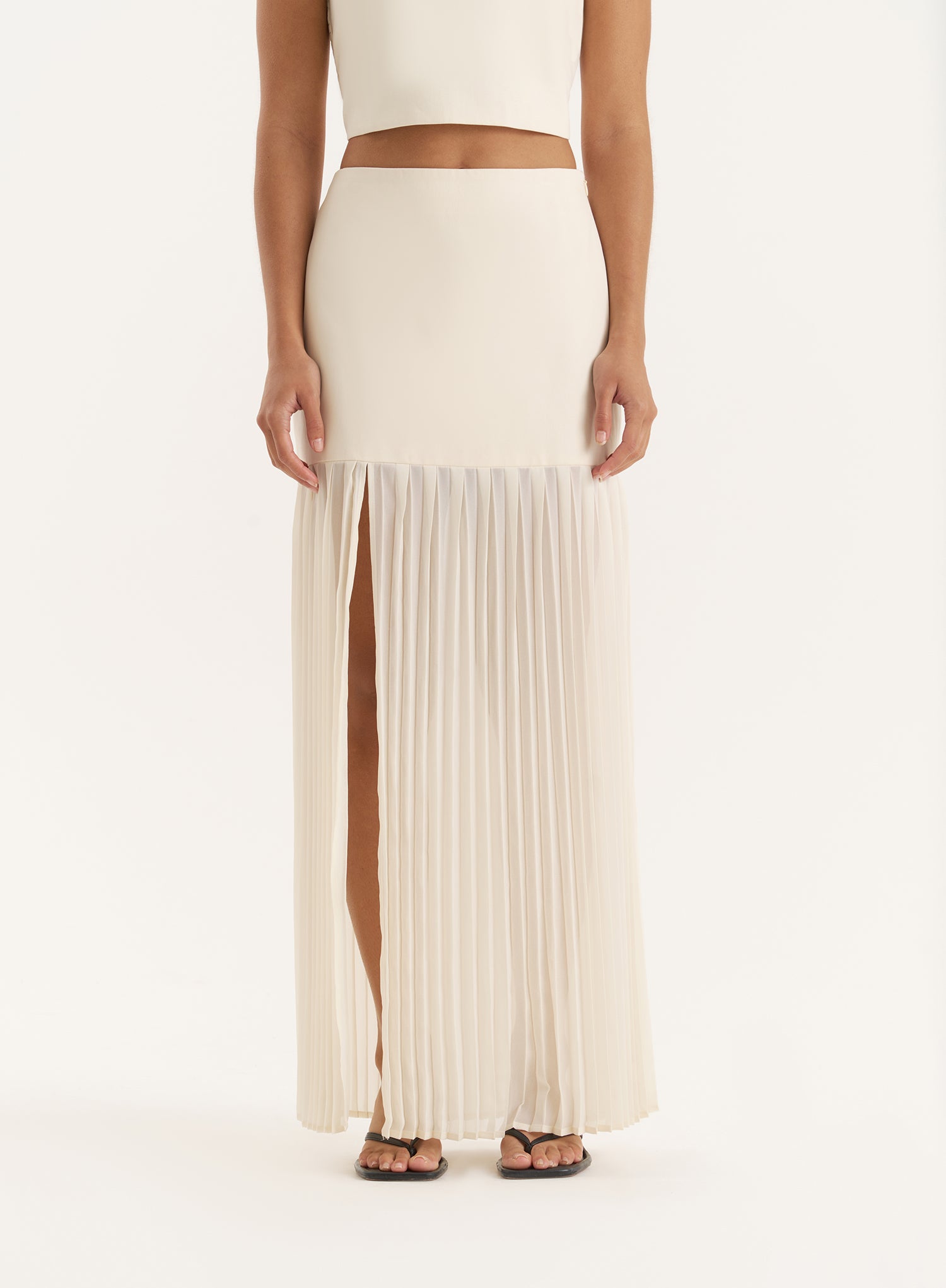 Cream Side Split Pleated Maxi Skirt- Lucian