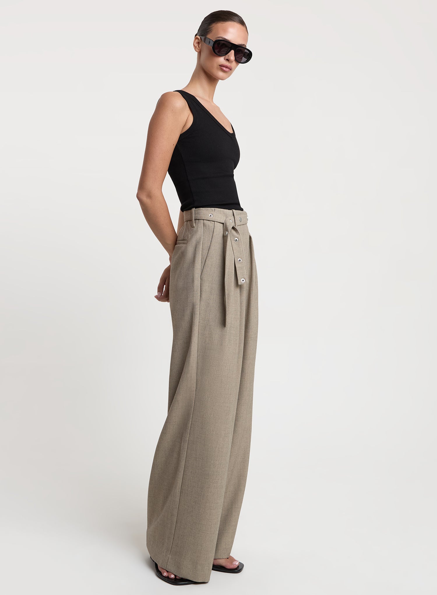 Grey Belted Tailored Wide Leg Trousers