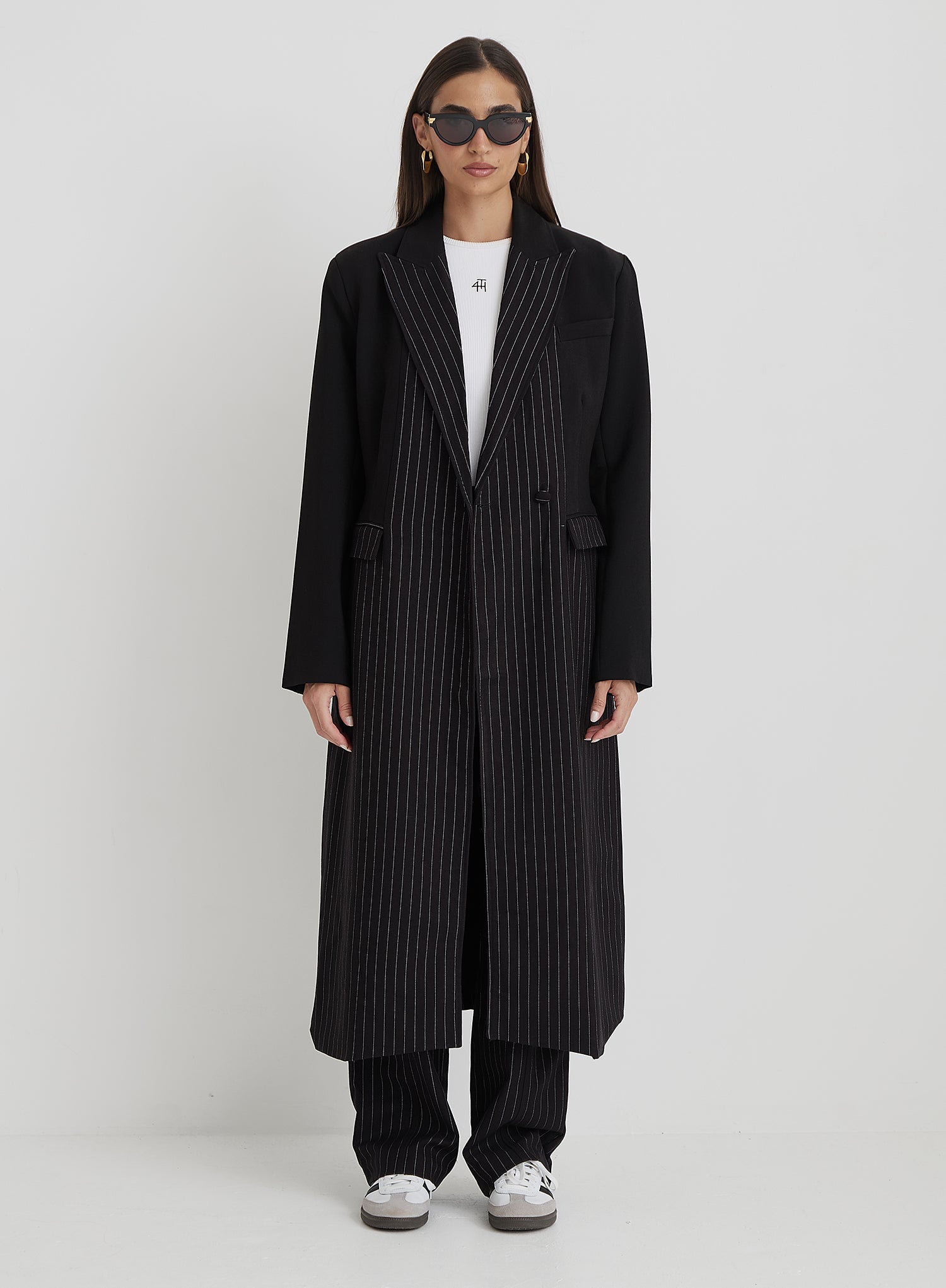 Black Pinstripe Tailored Longline Coat - Libby