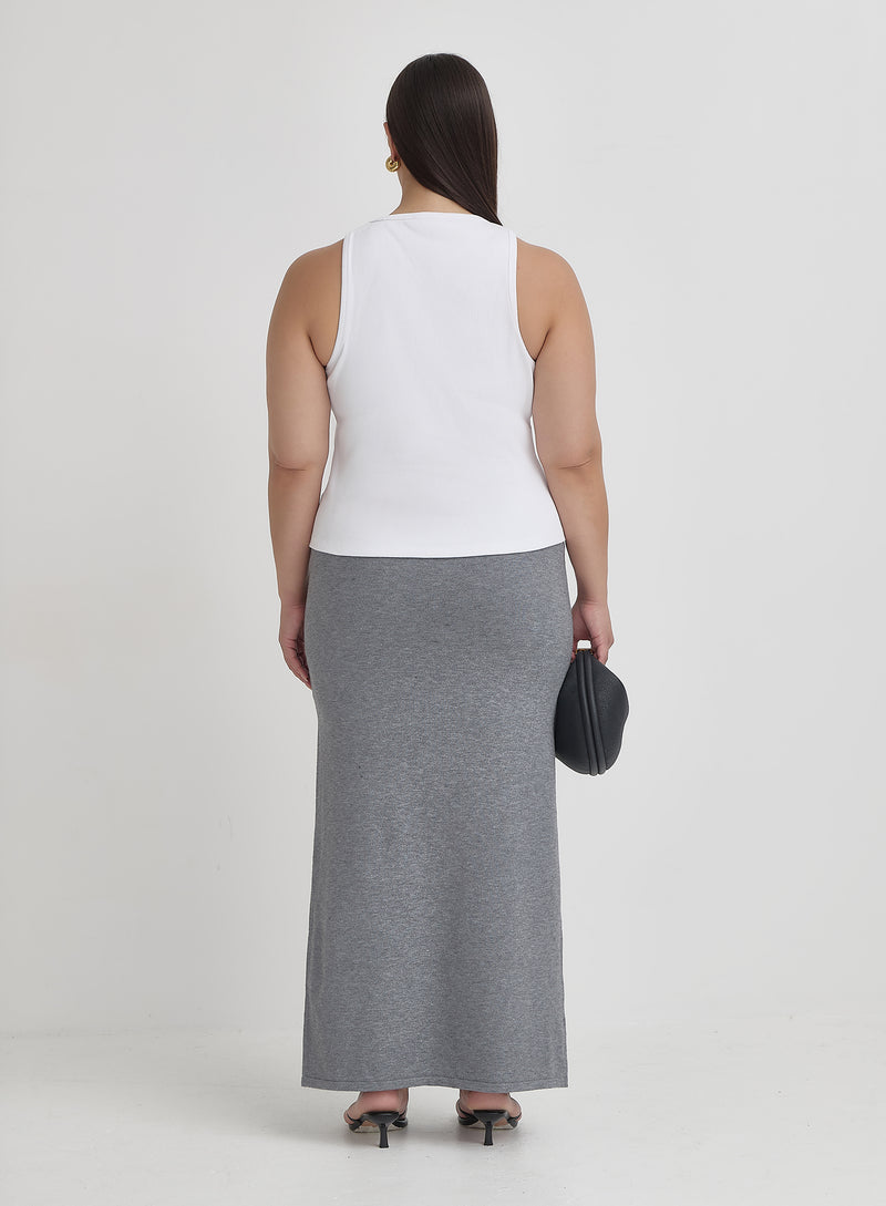 Grey Curve Knit Tie Front Maxi Skirt- Alana