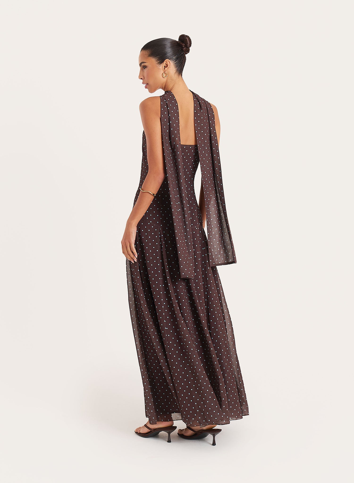 Brown Polka Dot Chiffon Scarf Detail Maxi Dress