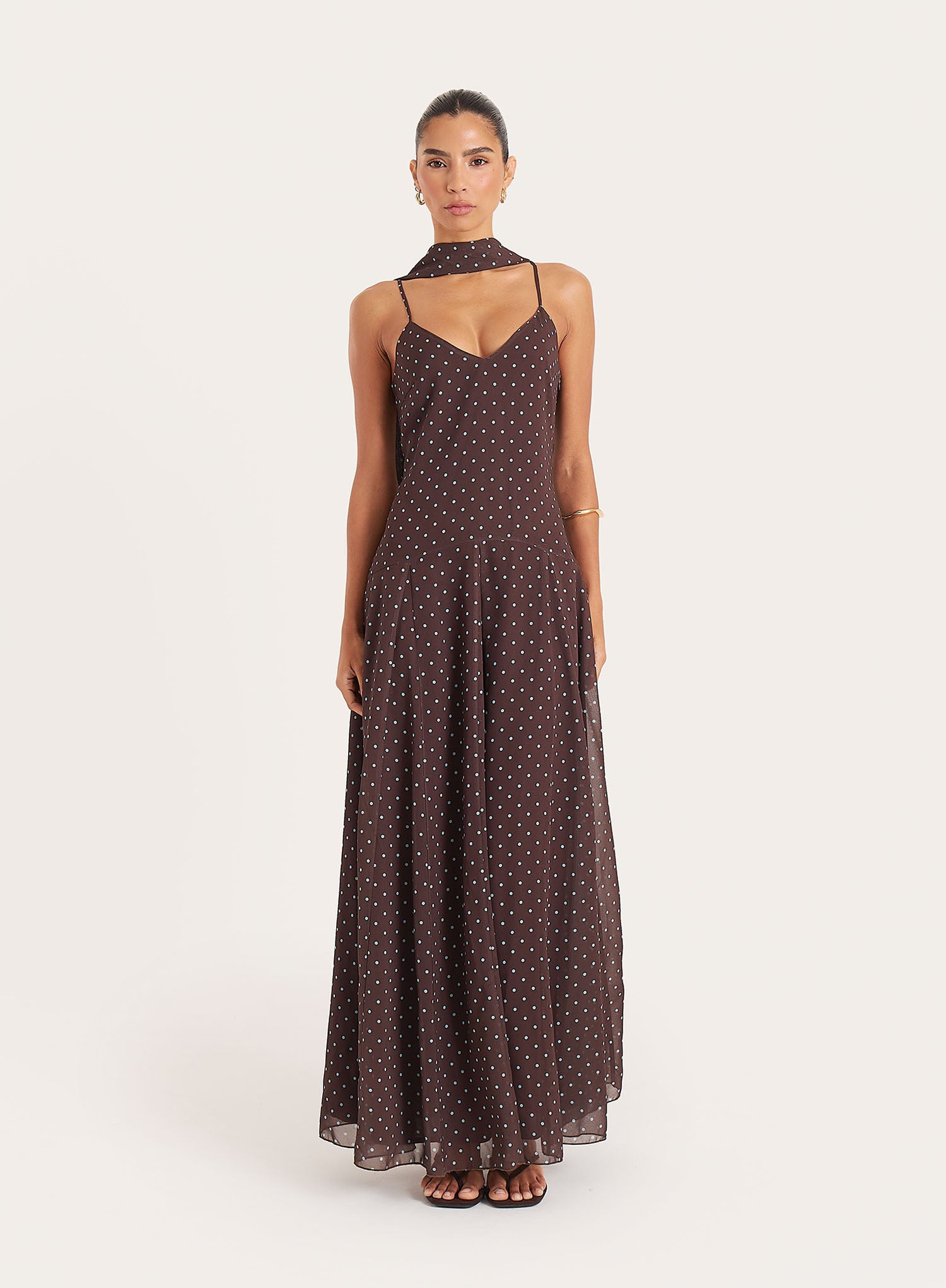 Brown Polka Dot Chiffon Scarf Detail Maxi Dress