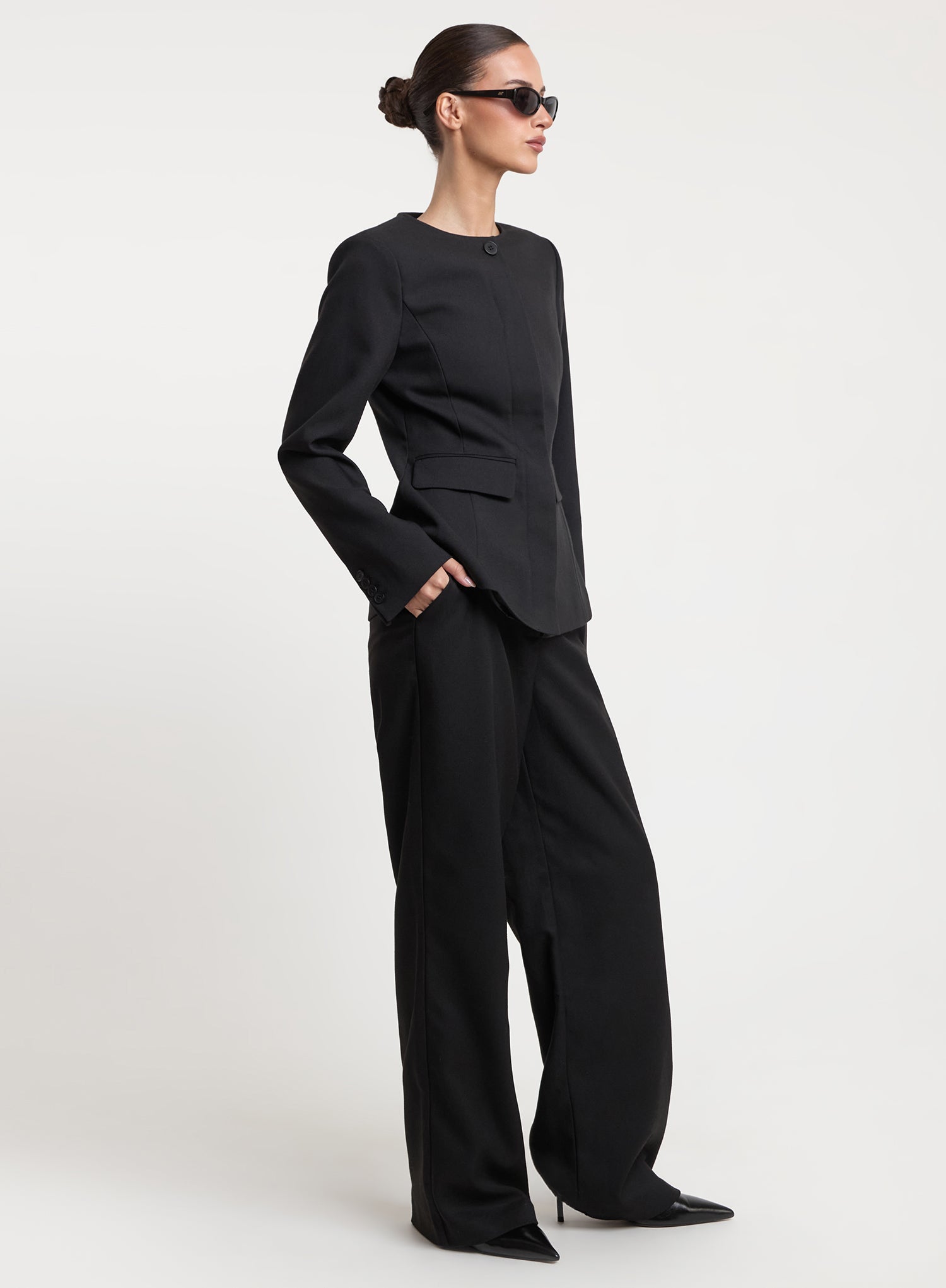 Black Collarless Cinched Waist Tailored Blazer