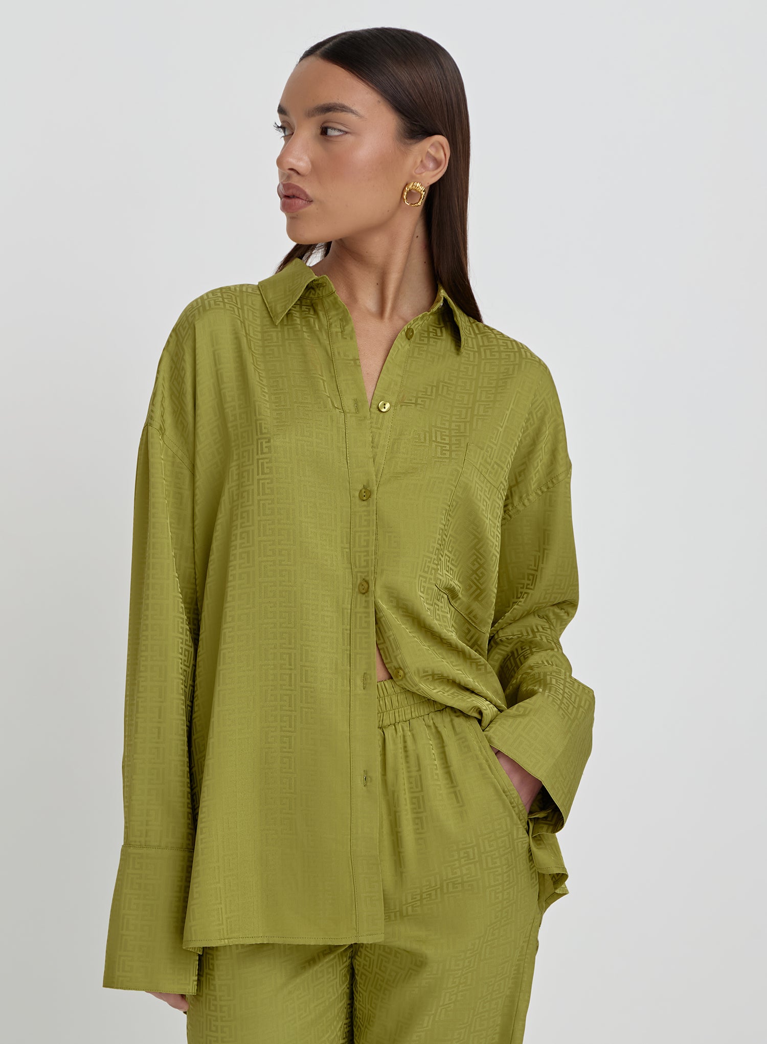 Green Jacquard Satin Print Oversized Shirt- Mimi