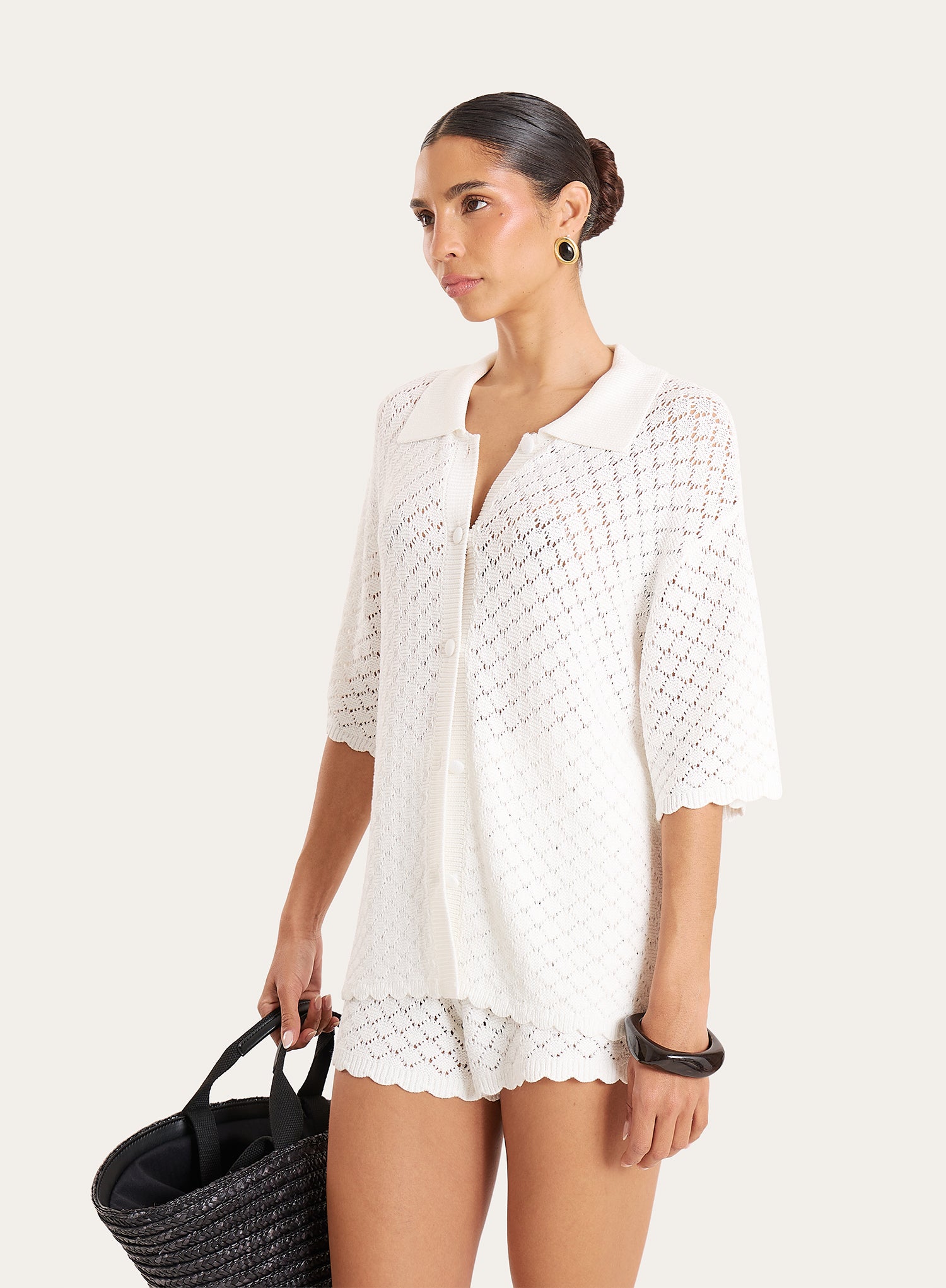 White Crochet Short Sleeve Shirt