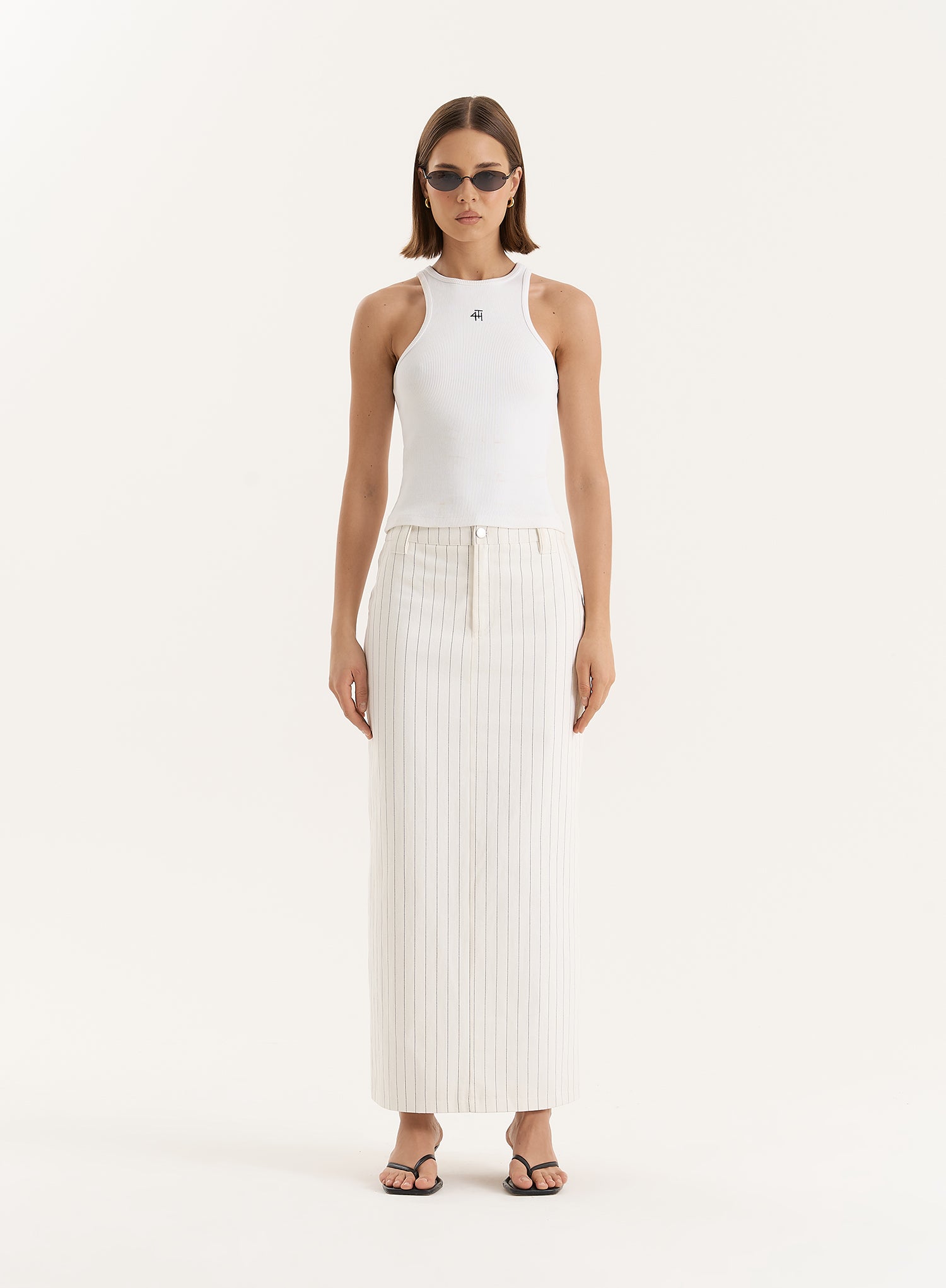 White Pinstripe Tailored Denim Maxi Skirt- Dionne