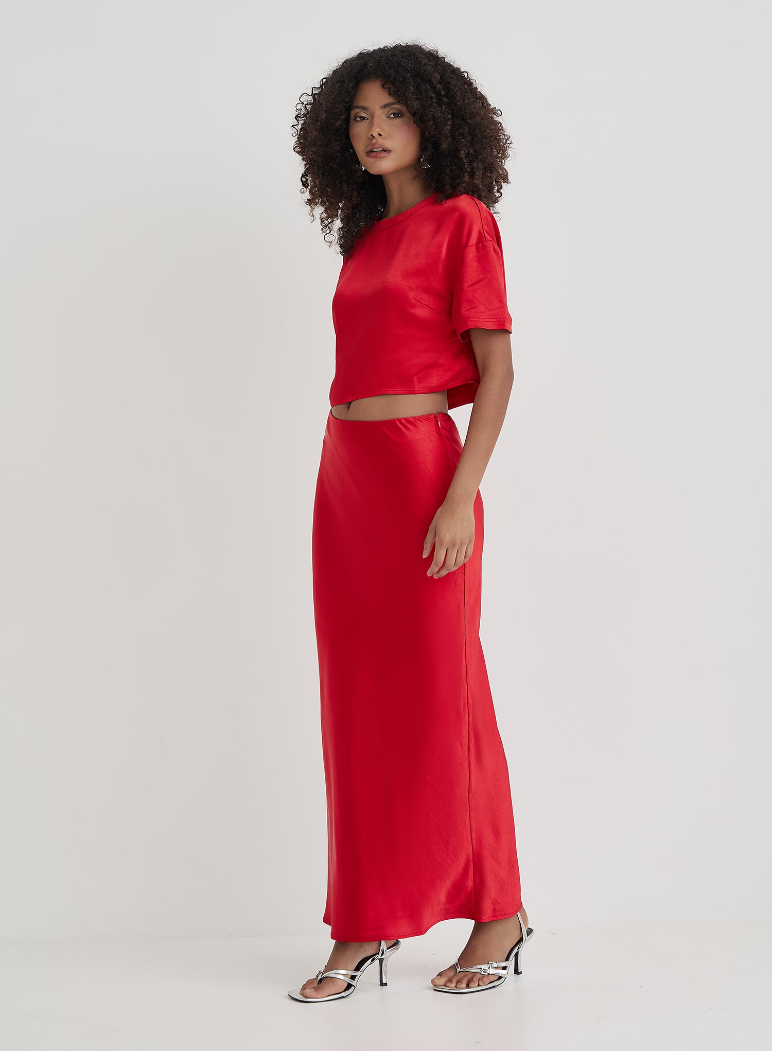 Red Satin Maxi Skirt- Dara