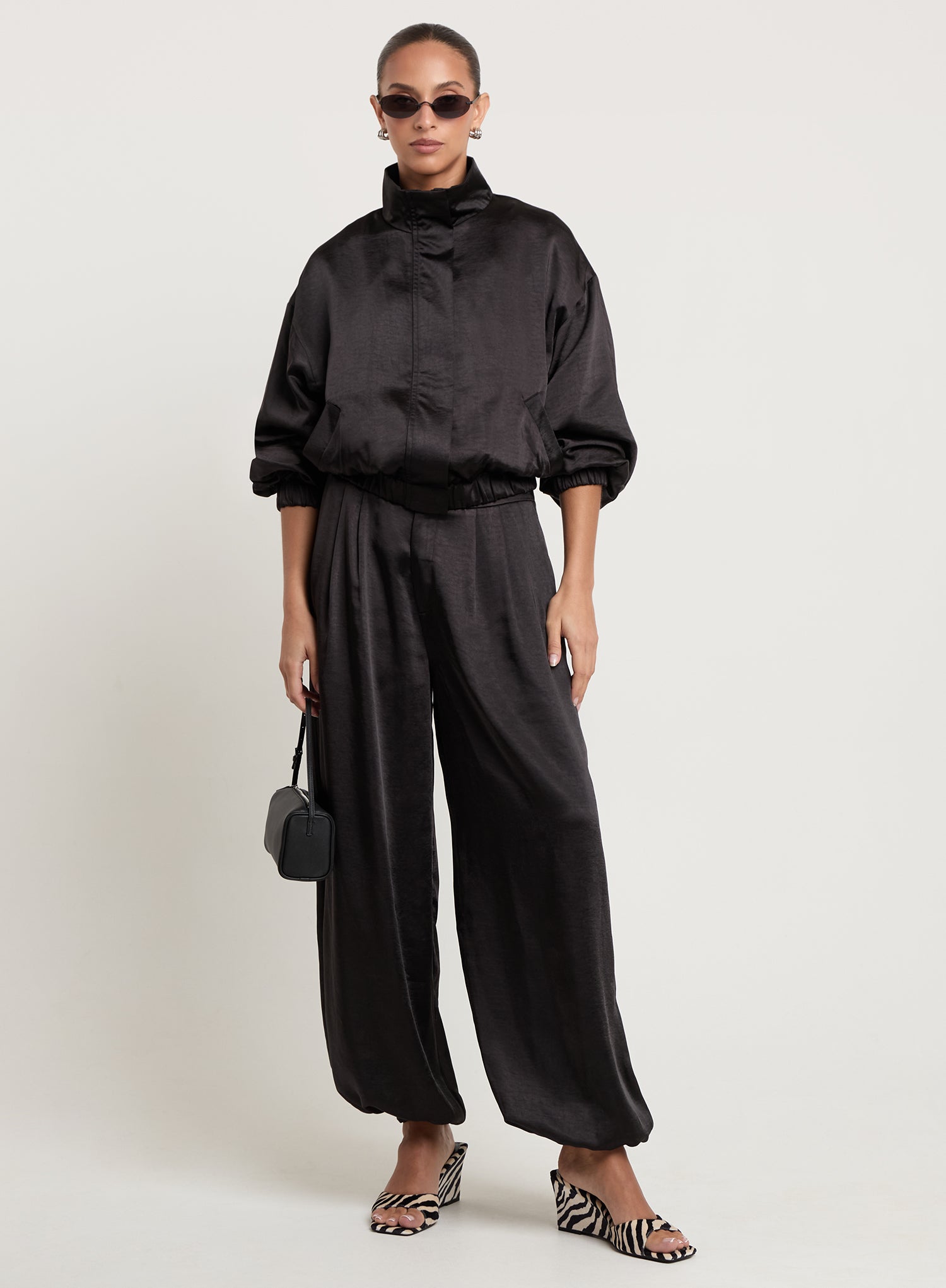 Black Satin Dropped Shoulder Bomber Jacket