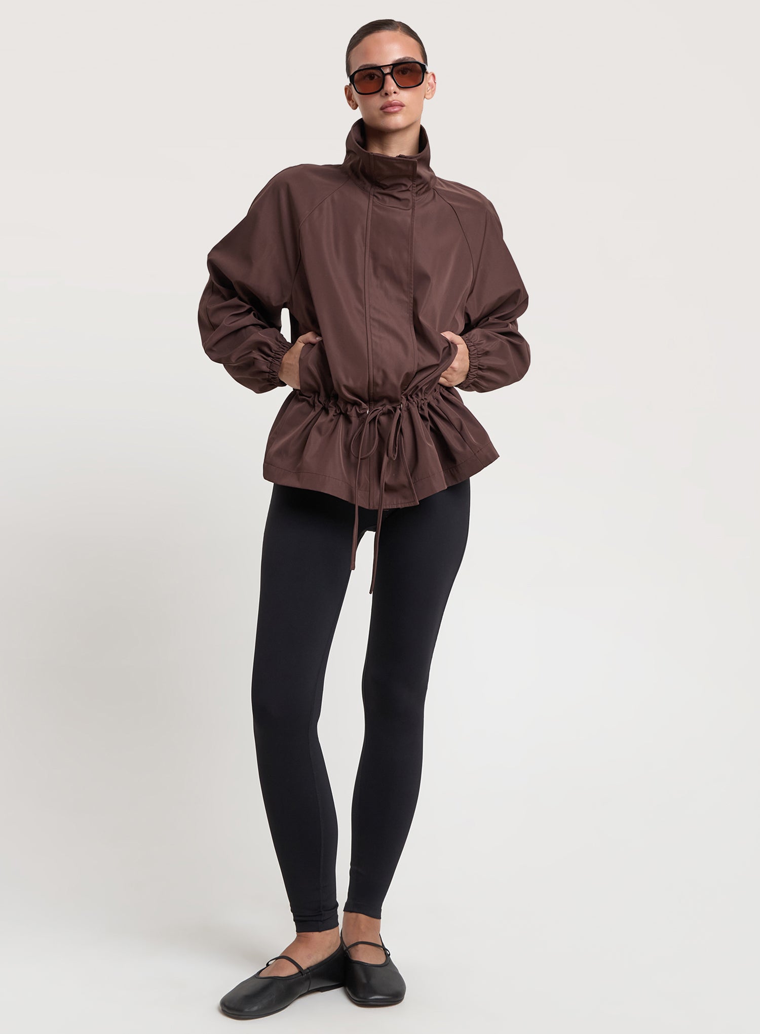 Chocolate Brown Peplum Hem Funnel Neck Jacket