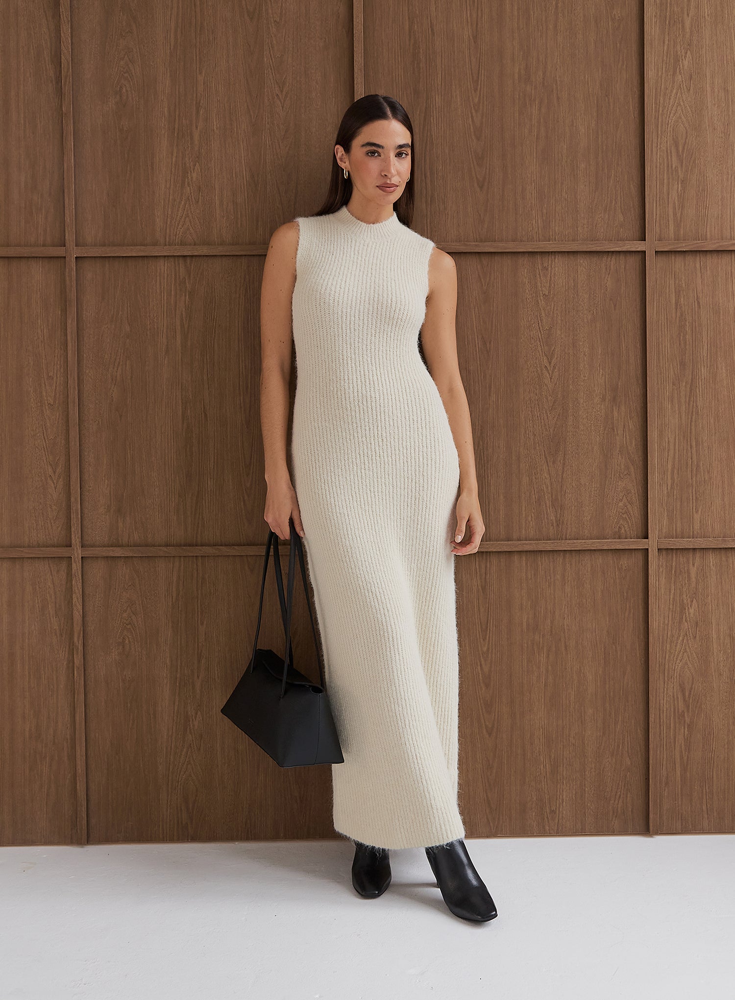 Beige High Neck Knitted Sleeveless Dress
