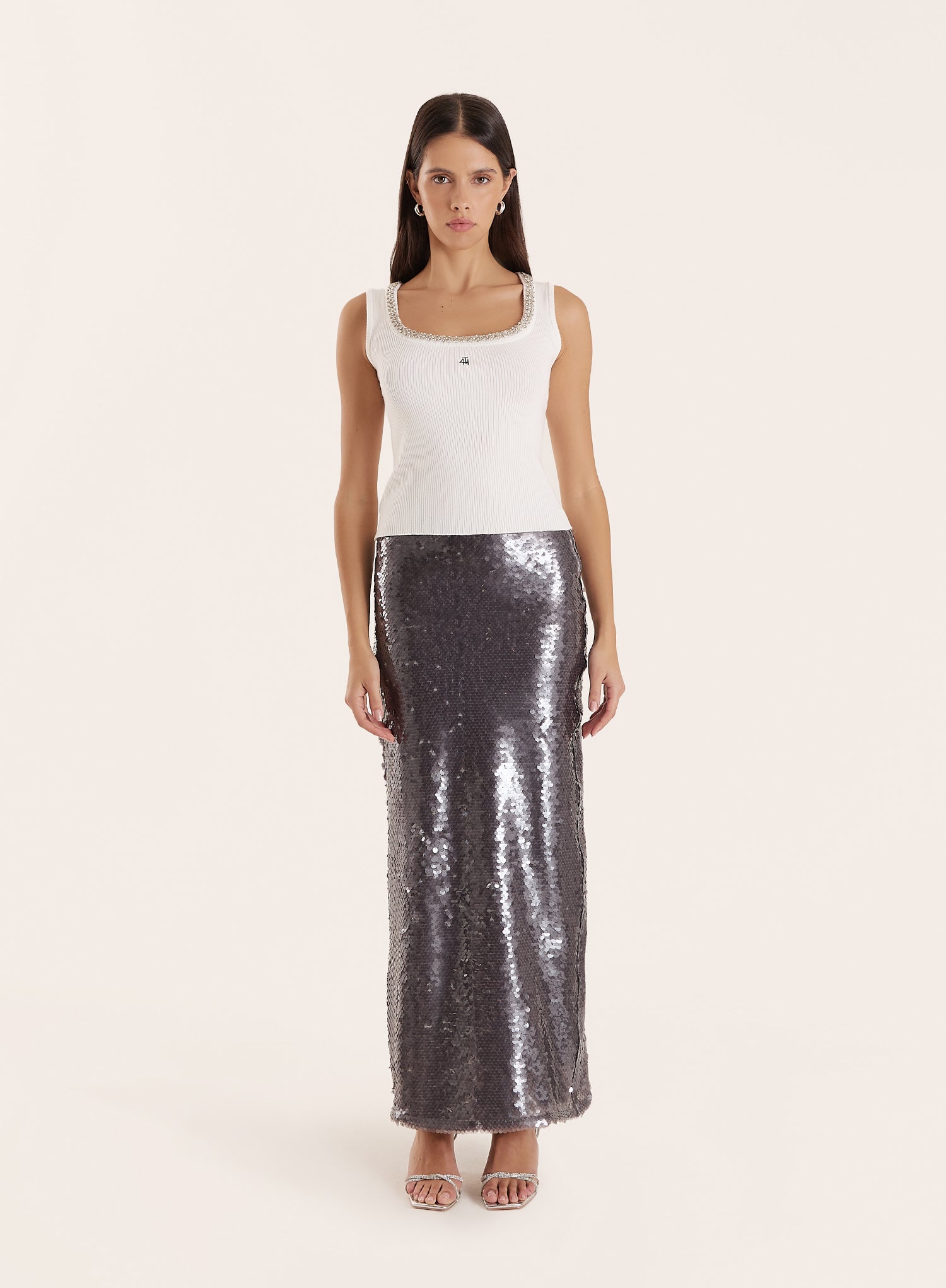 White Embellished Trim Square Neck Vest Top