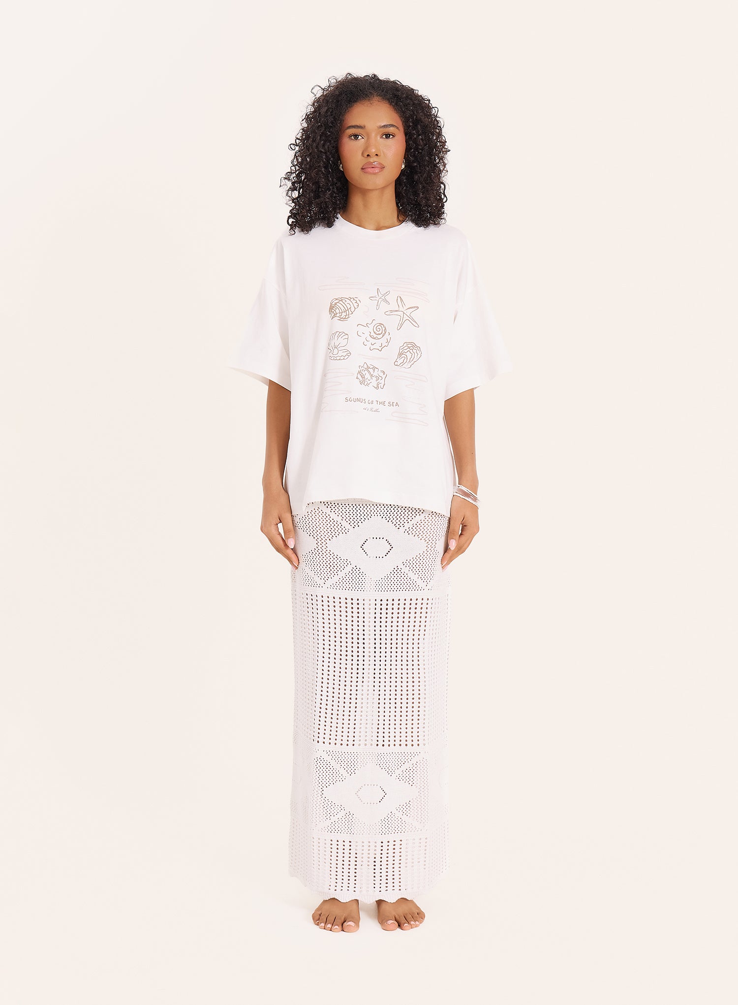 Cream Beach Graphic Printed Cotton T-Shirt