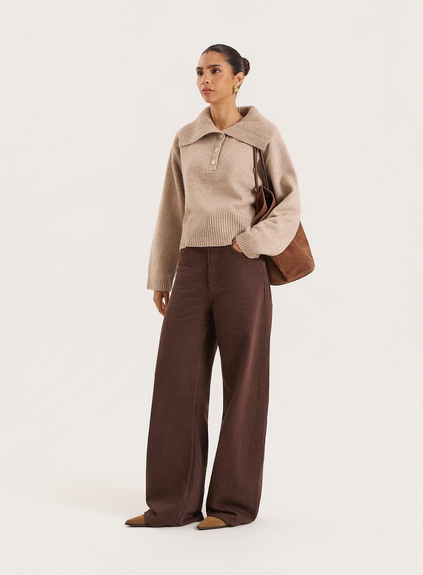 Beige Knitted Buttoned Collar Jumper