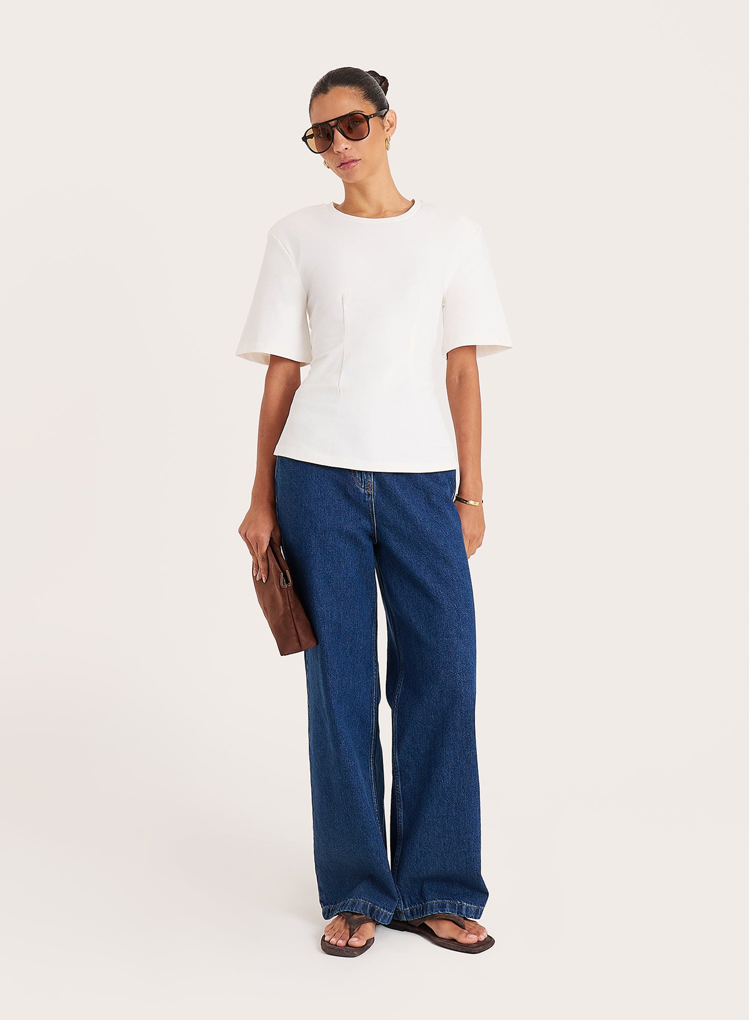 White Shoulder Pad Cinched Waist T-Shirt