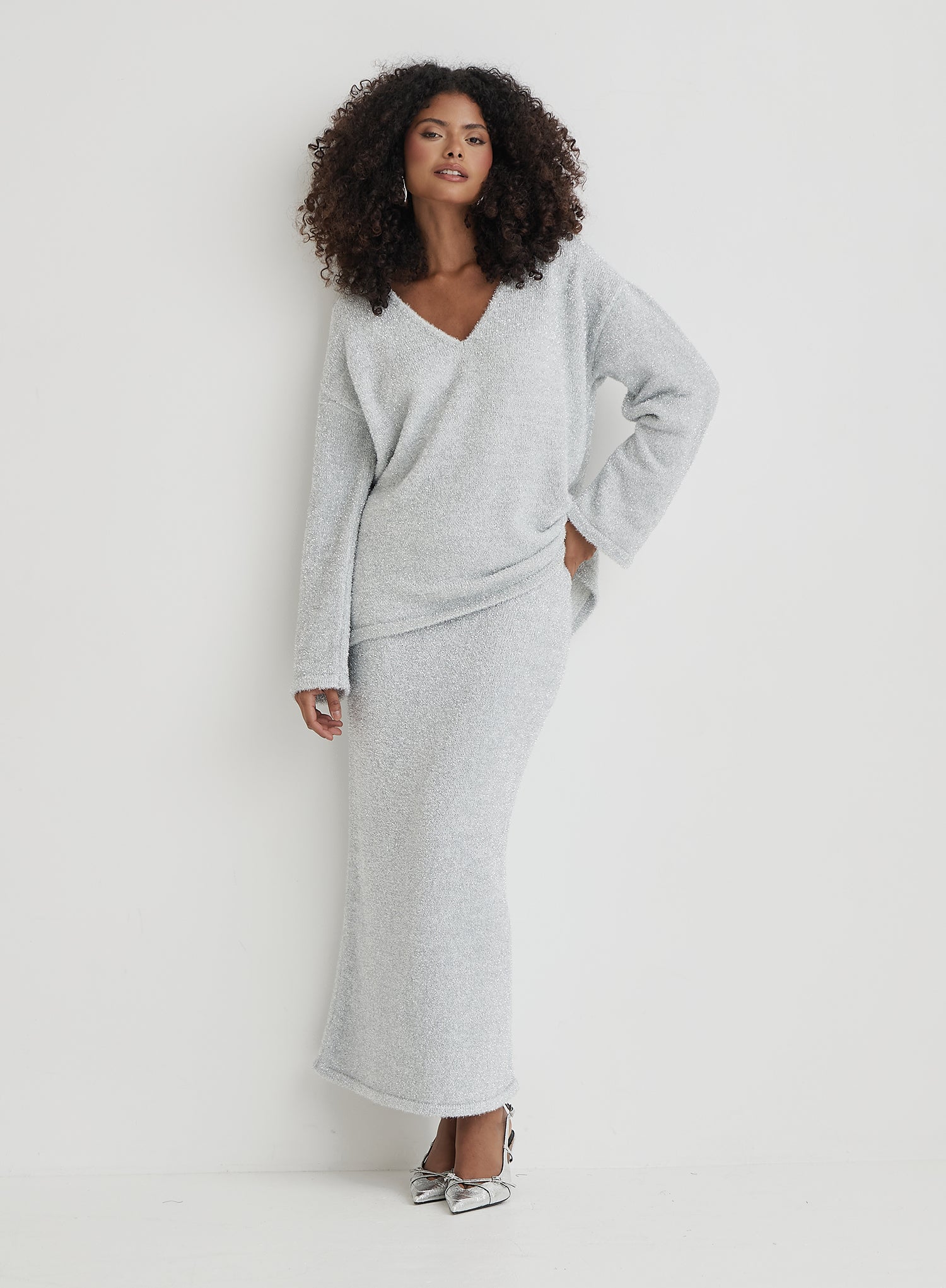 Silver Tinsel Knit V Neck Jumper- Ennis