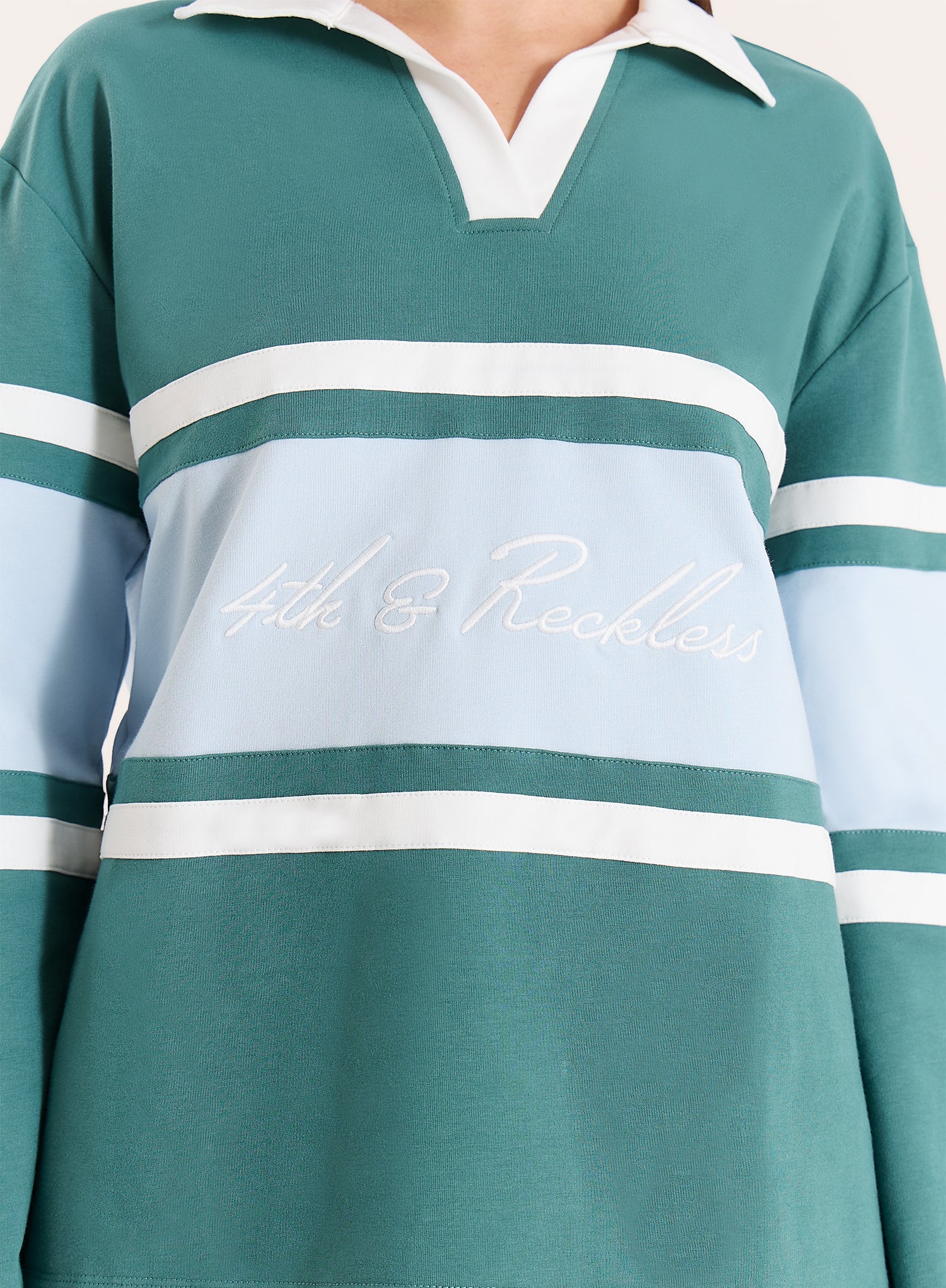 Green And Blue Stripe Panelled Branded Rugby Top