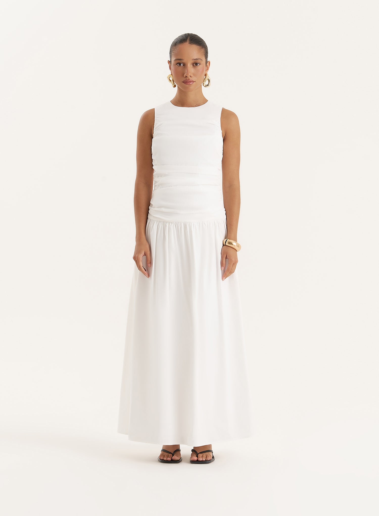 White Cotton Poplin Drop Waist Maxi Dress- Zendaya
