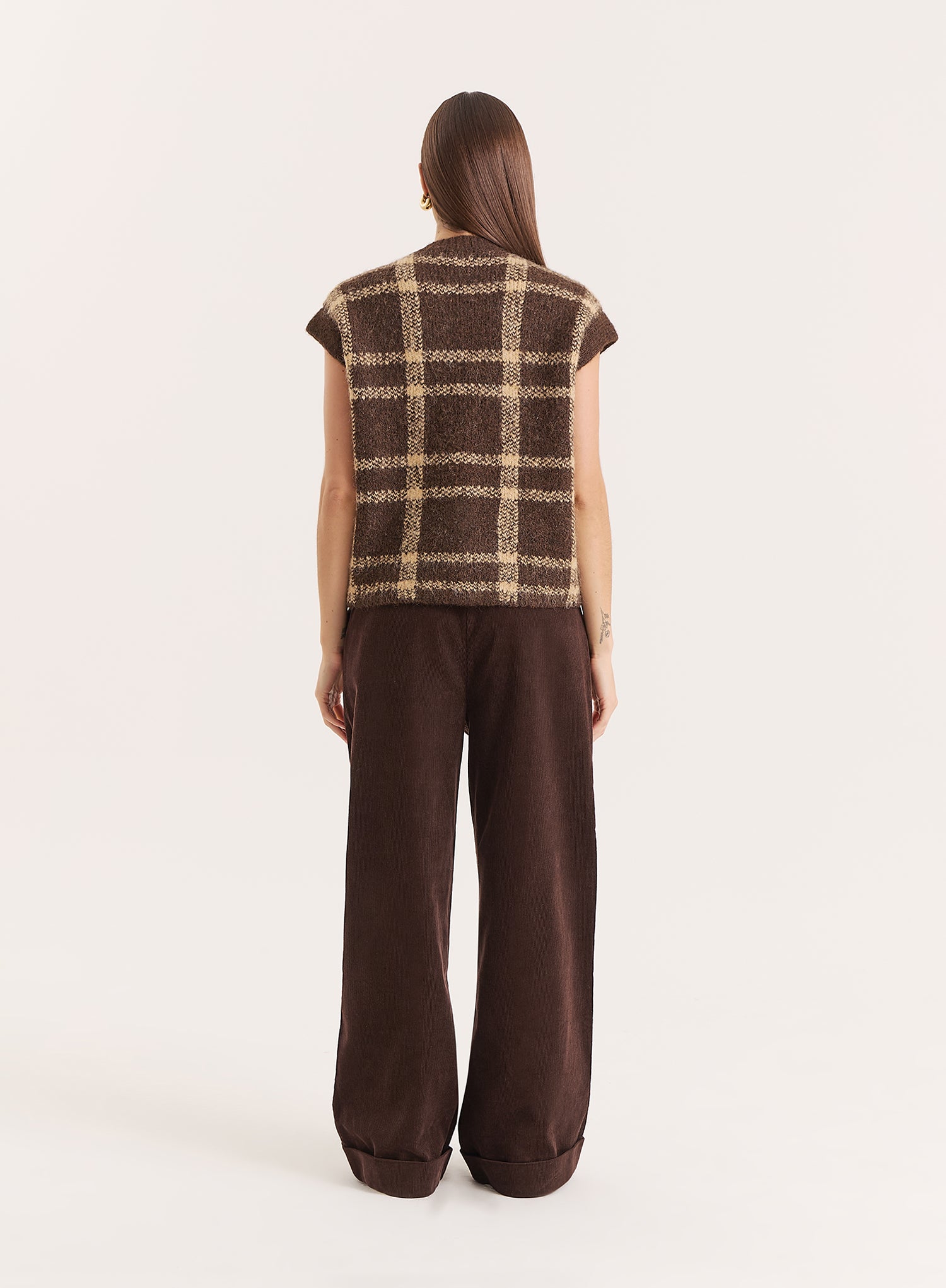 Brown Check Knitted Button Sweater Vest