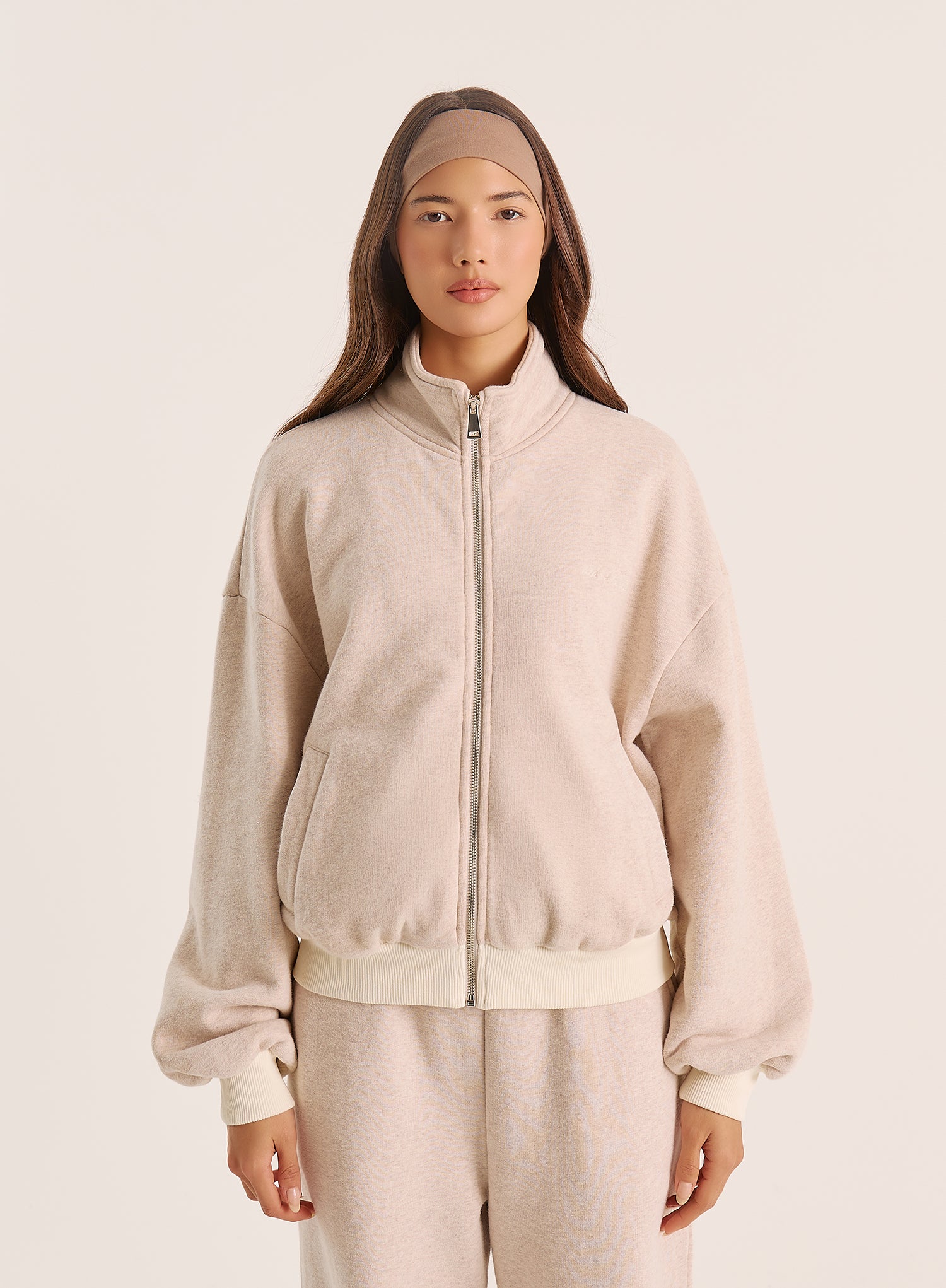 Oatmeal Logo Detail Ribbed Cuff Zip Sweatshirt