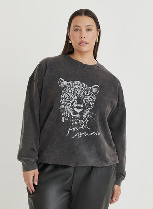 Black Acid Wash Curve Leopard Motif Oversized Sweatshirt- Cara