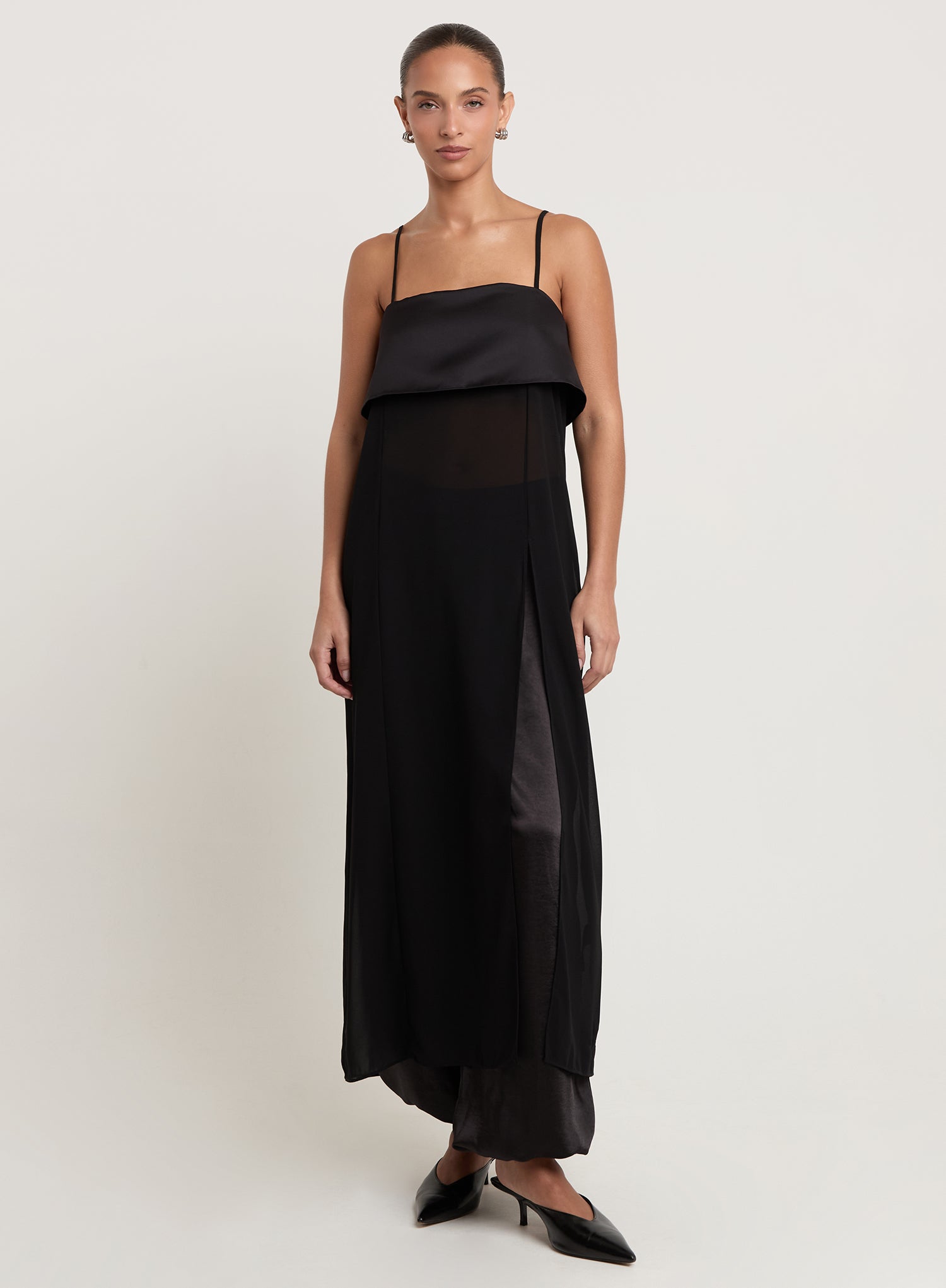 Black Satin And Sheer Chiffon Maxi Cami Top
