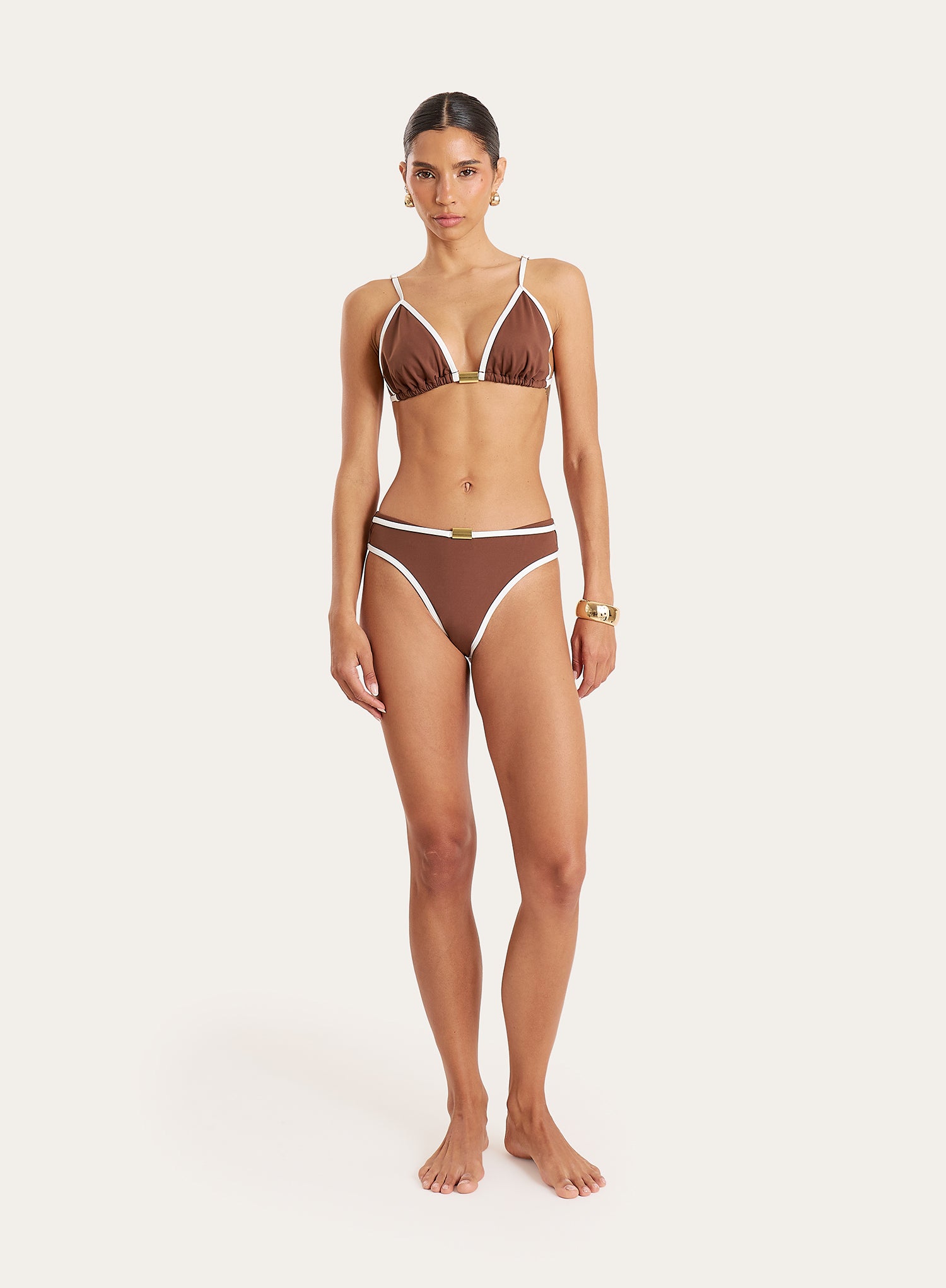 Brown Contrast Trim Triangle Bikini Top