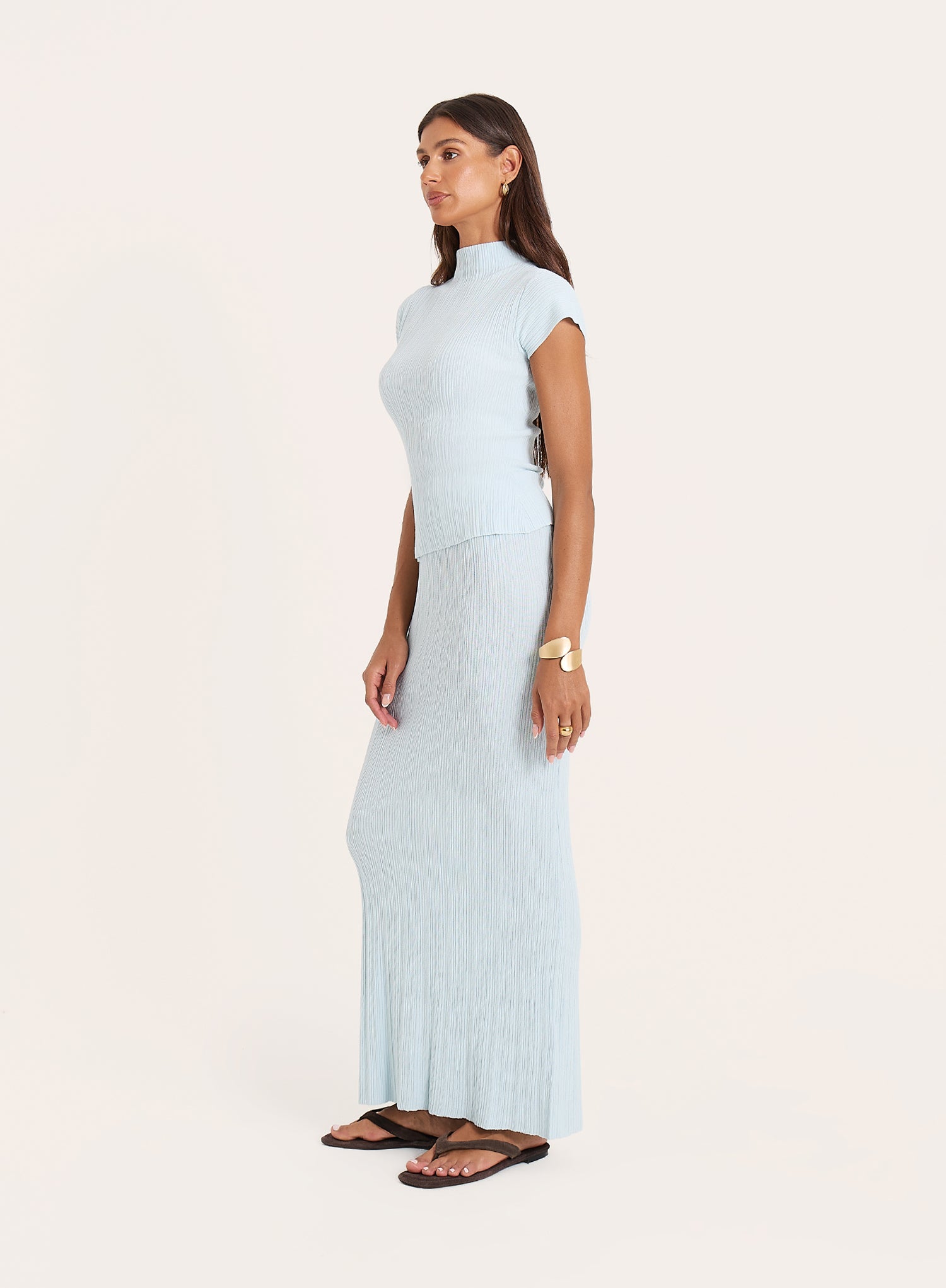 Blue Textured Fine Knit High Neck Top