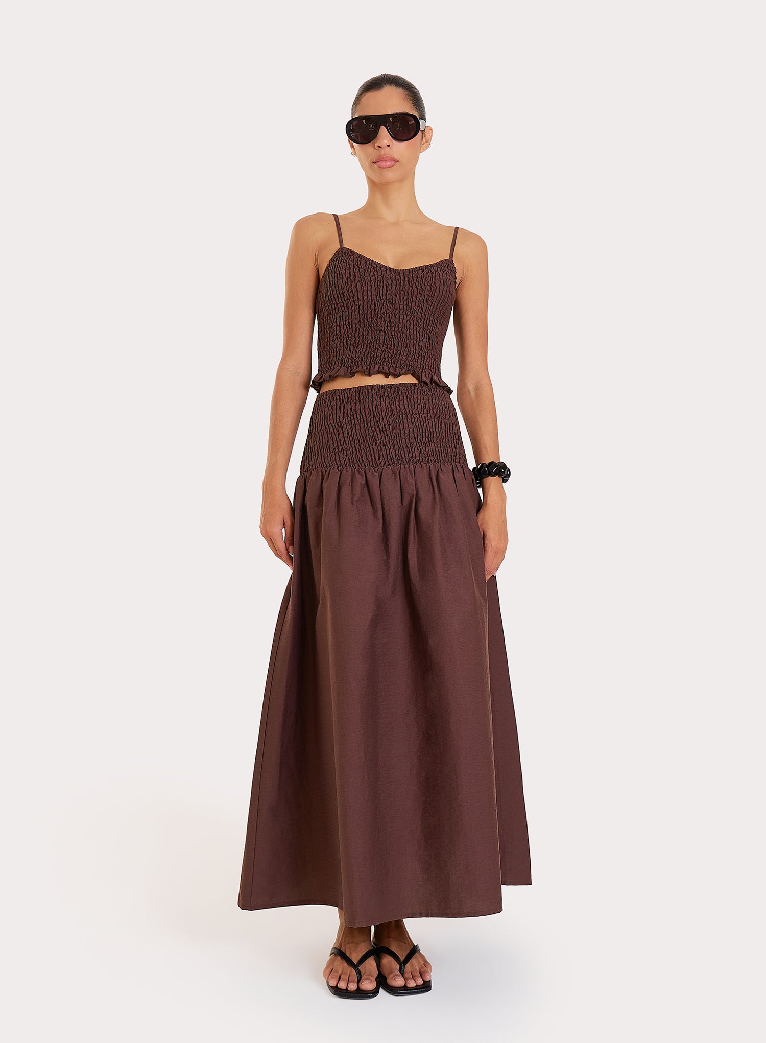 Chocolate Shirred Drop Waist Maxi Skirt