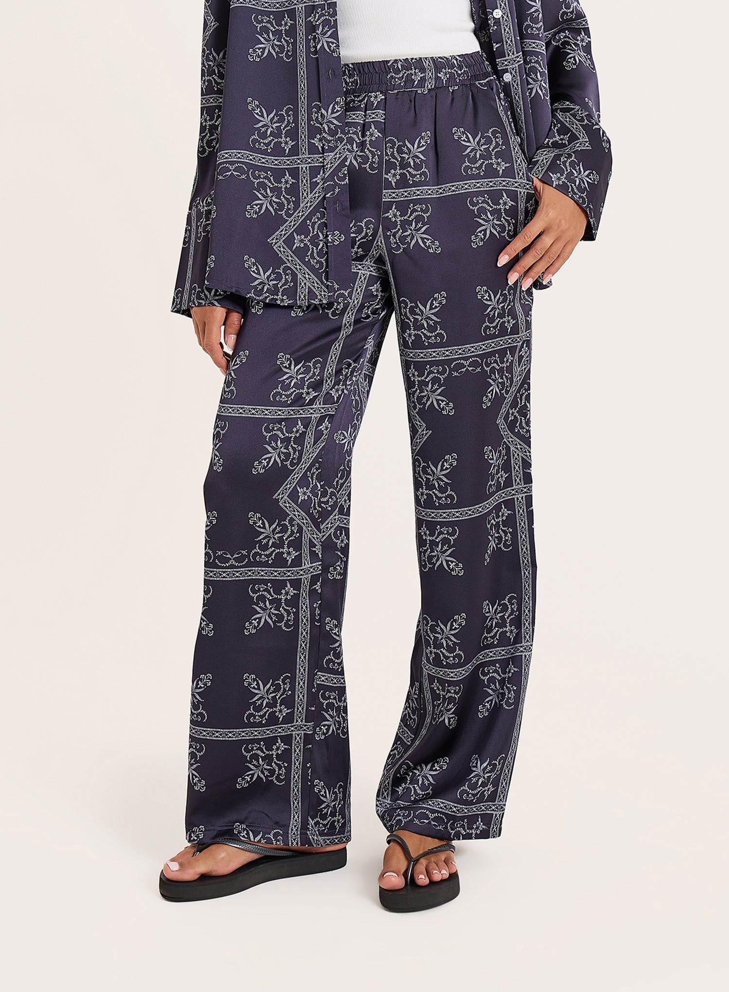 Navy Paisley Print Satin Trousers