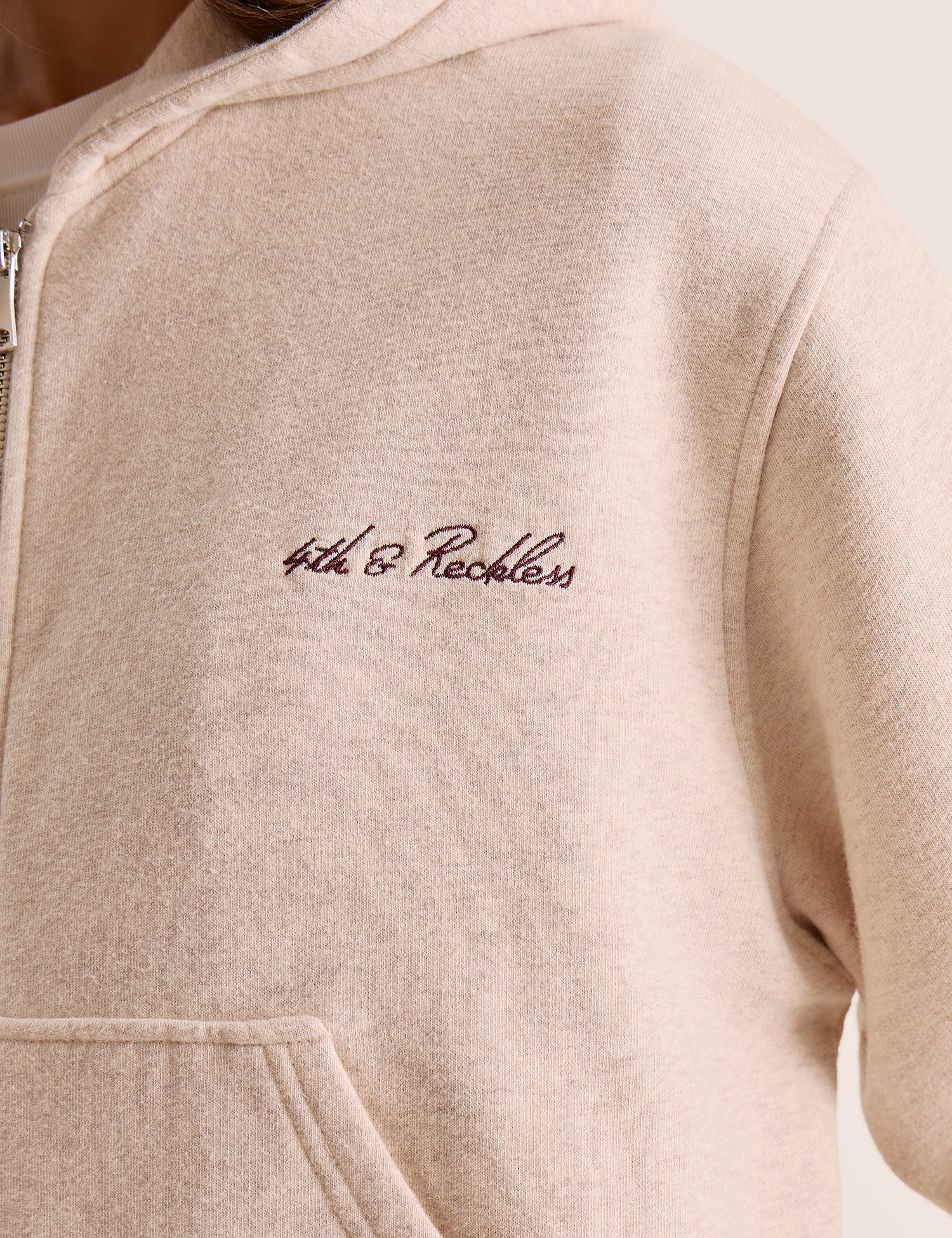 Oatmeal Script Logo Detail Zip Hoodie