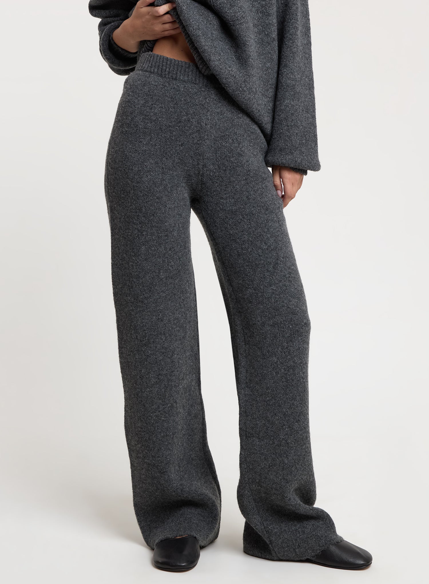 Charcoal Wool Blend Knitted Wide Leg Trousers