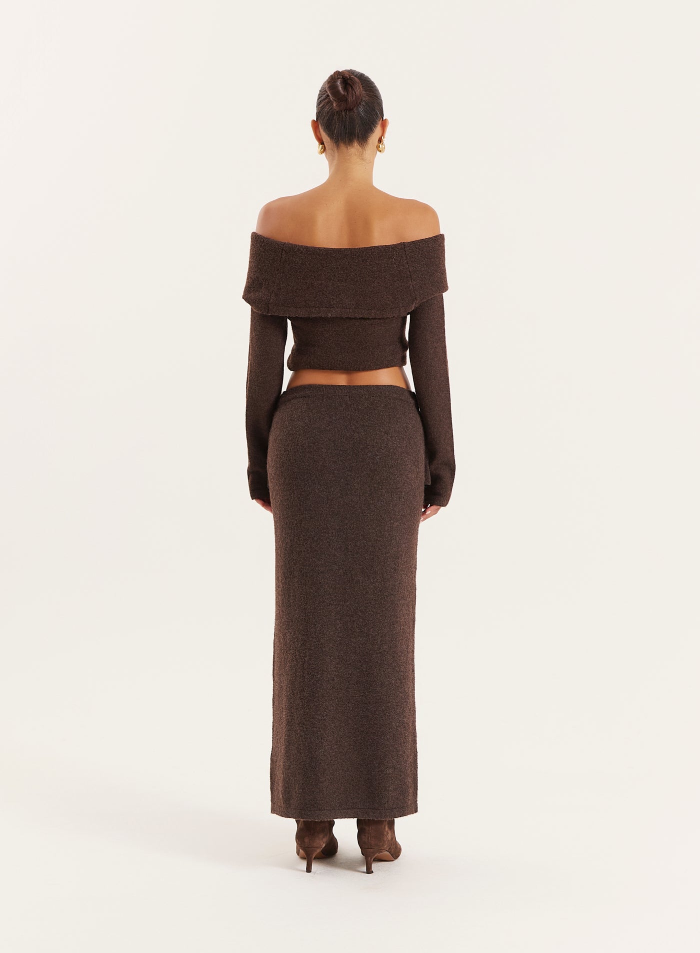 Chocolate Knitted Bardot Long Sleeved Top