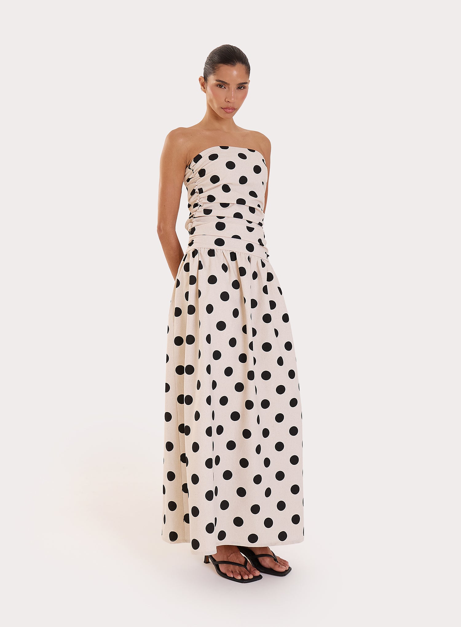 Polka Dot Printed Linen Blend Bandeau Maxi Dress