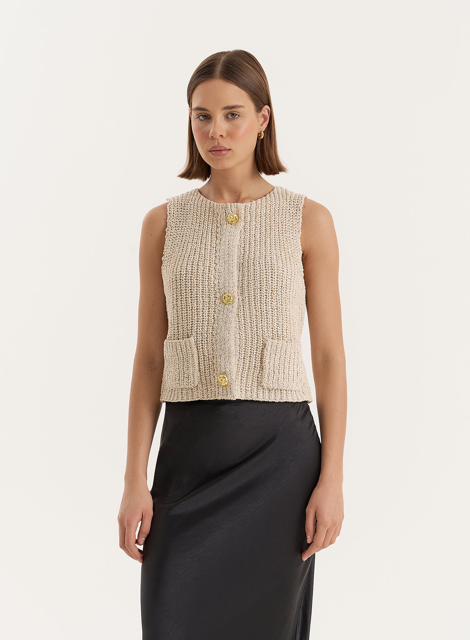 Beige Boucle Knit Sleeveless Waistcoat- Kristy