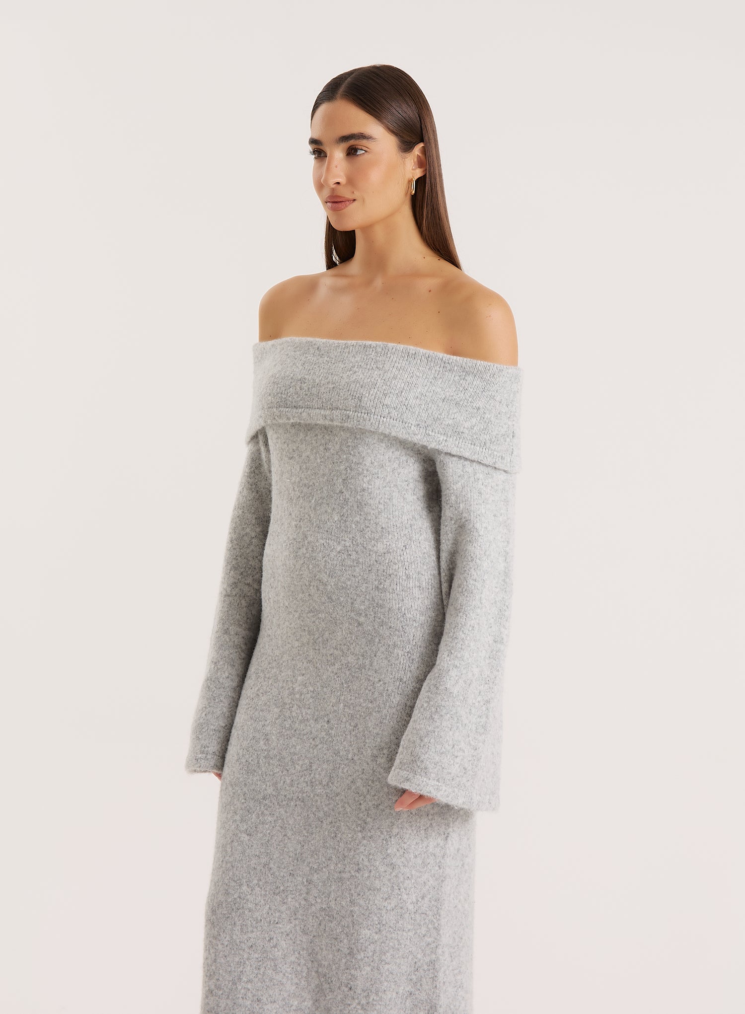 Grey Off Shoulder Wool Blend Knitted Maxi Dress