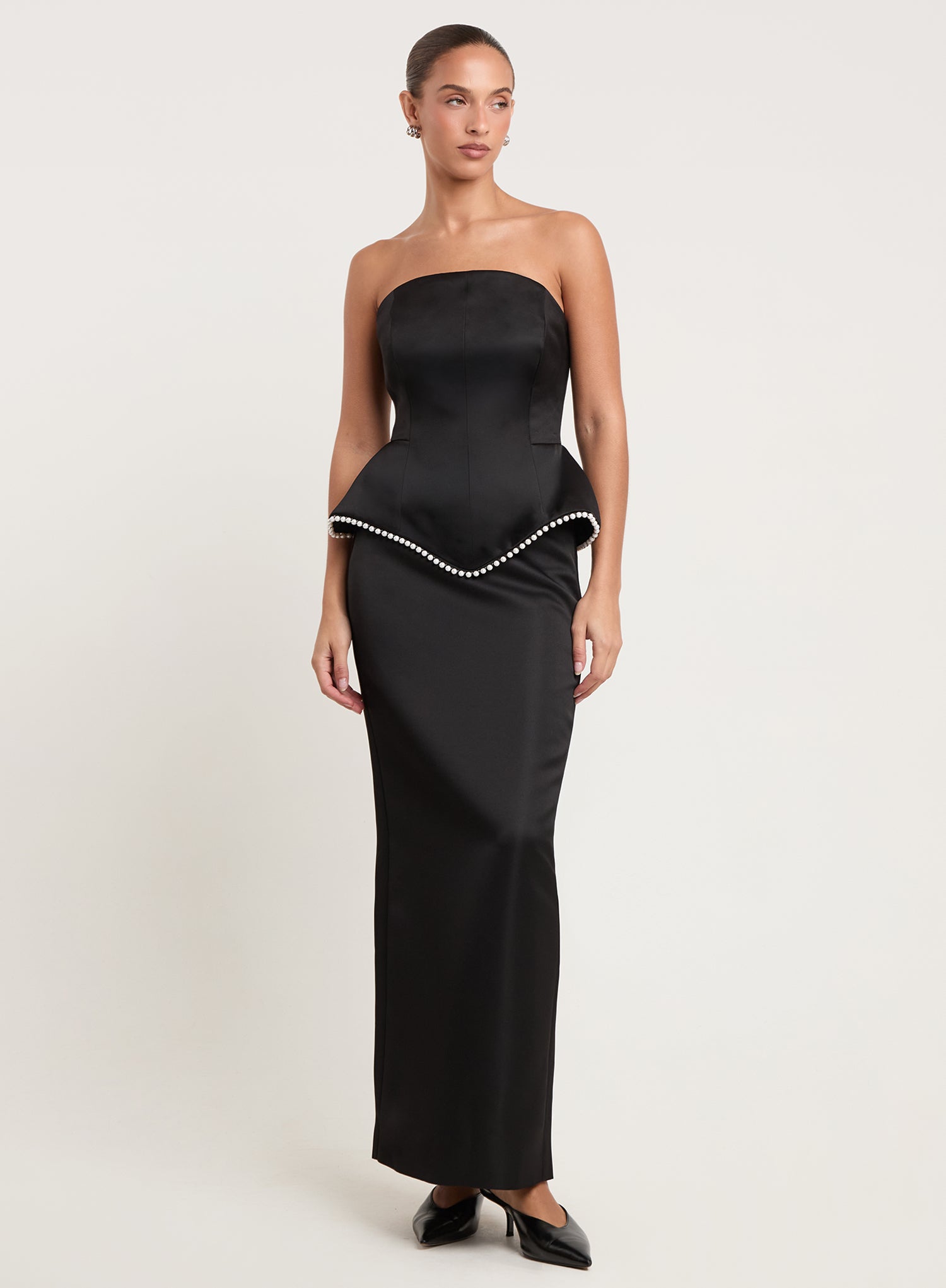 Black Satin Pearl Hem Structured Corset