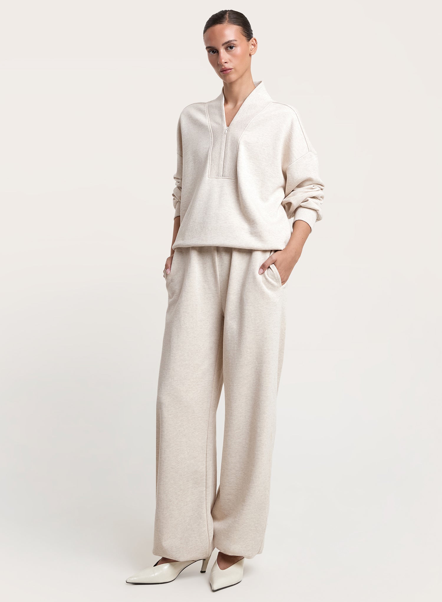 Oatmeal V-Neck Zip Detail Cotton Sweatshirt