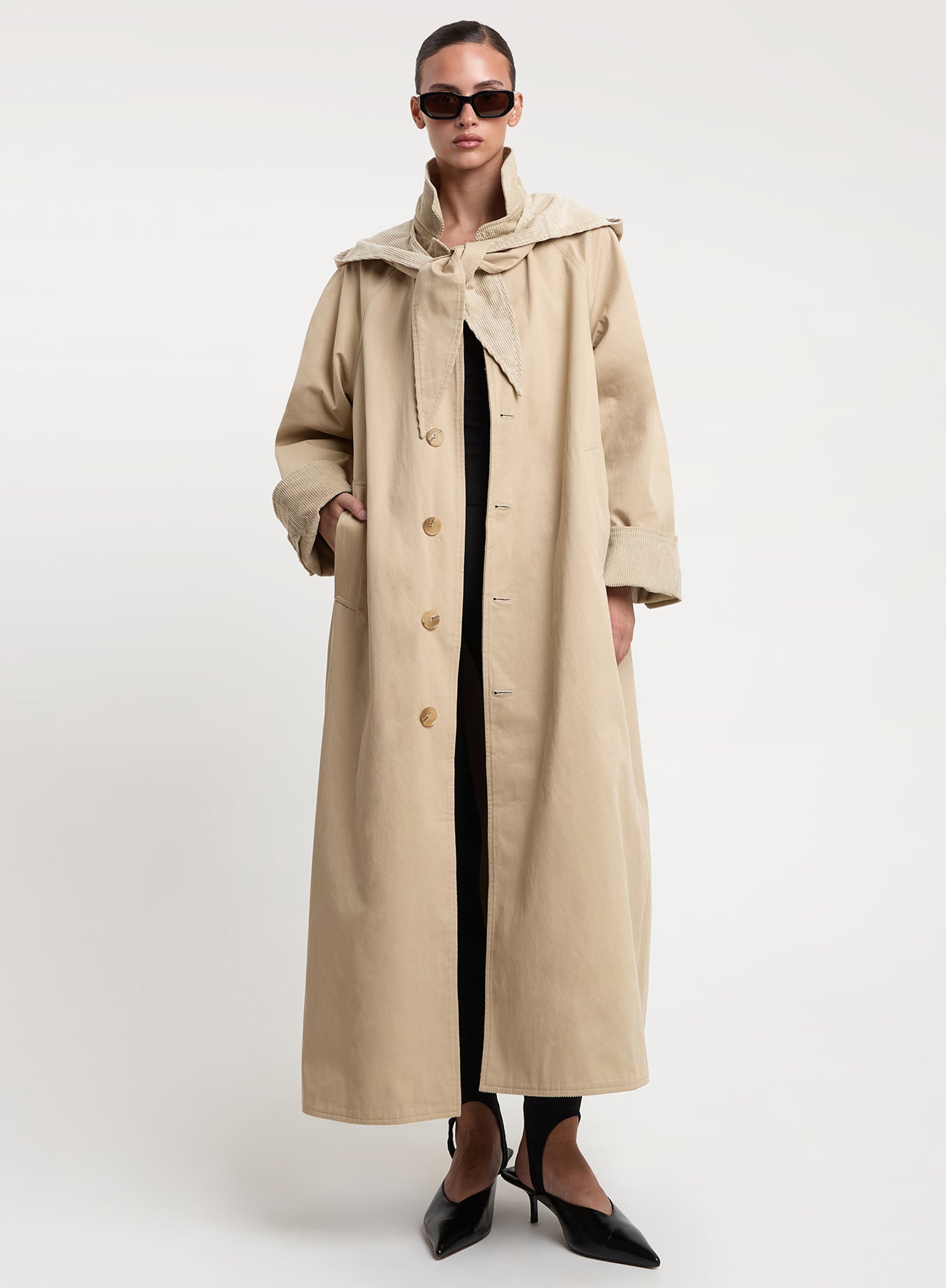 Beige Tie Scarf Reversible Cotton Trench Coat