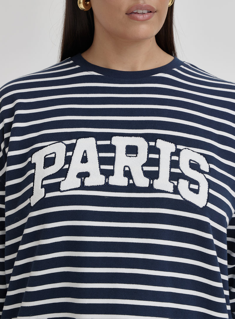 White And Navy Curve Striped Paris Sweatshirt- Anni