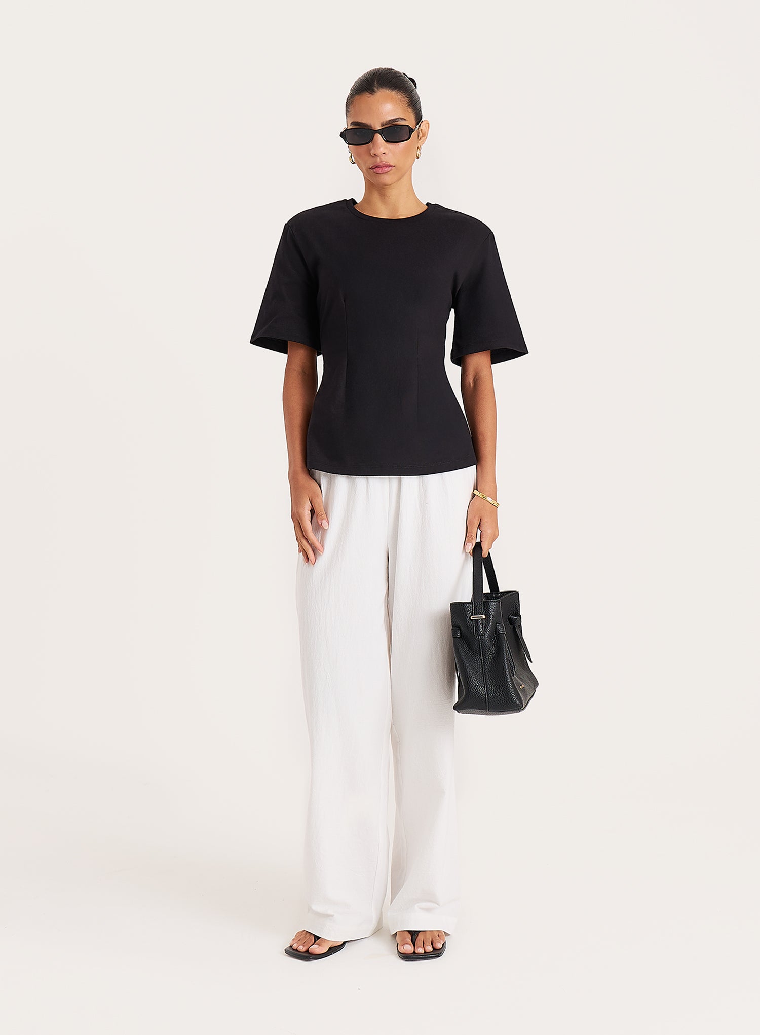 Black Shoulder Pad Cinched Waist T-Shirt