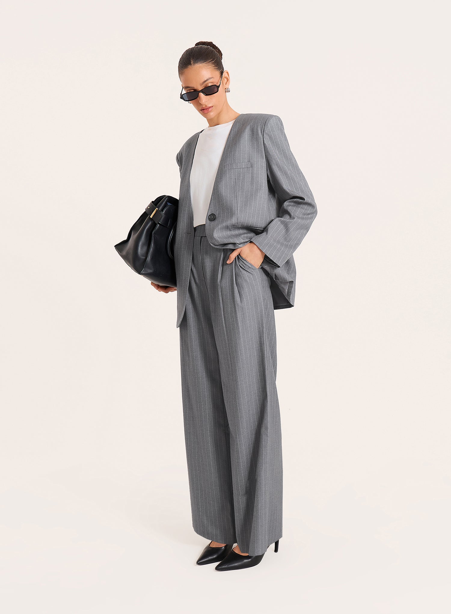 Grey Pinstripe Tailored Wide Leg Trousers