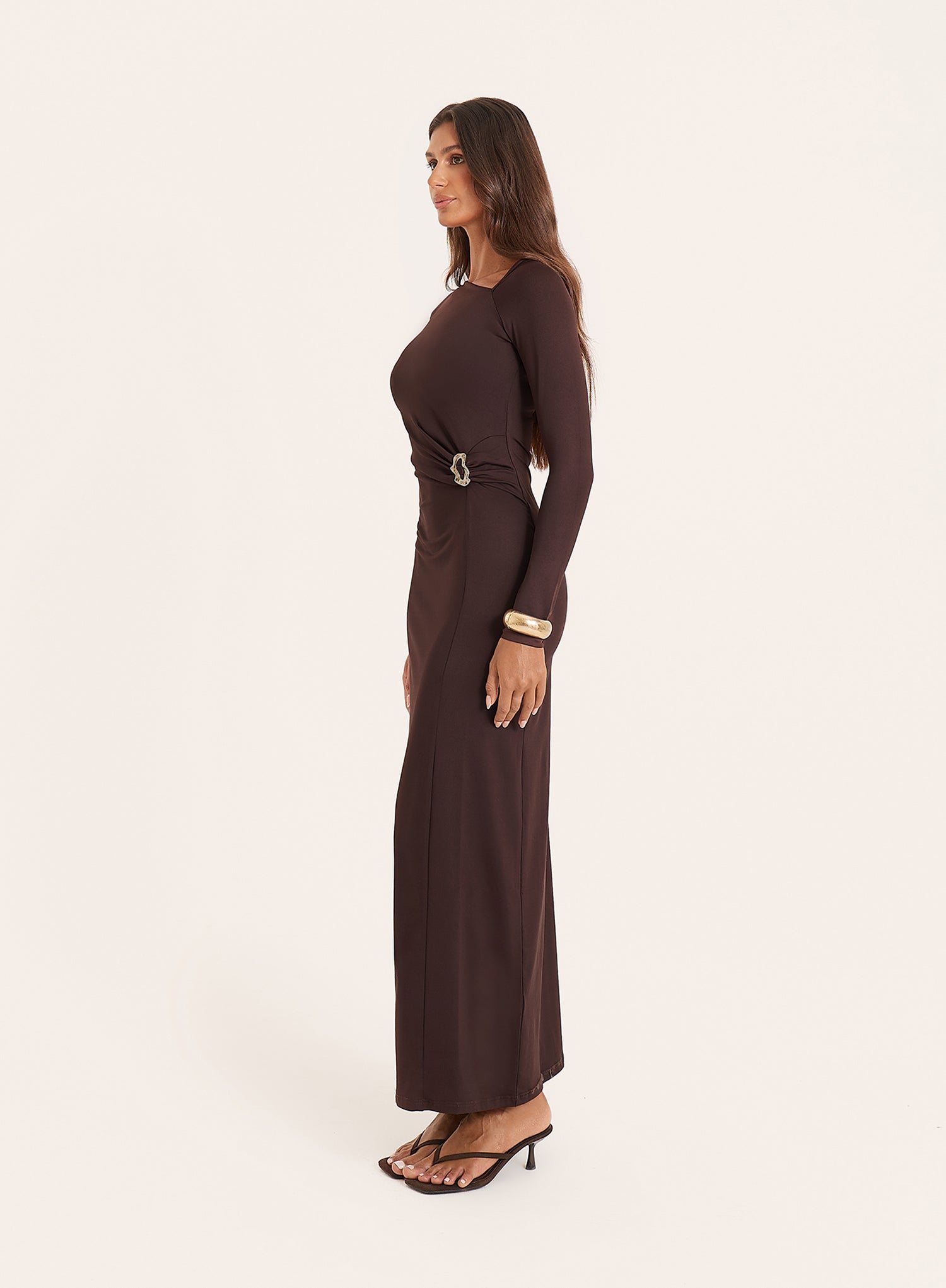 Chocolate Off Shoulder Hardware Maxi Dress
