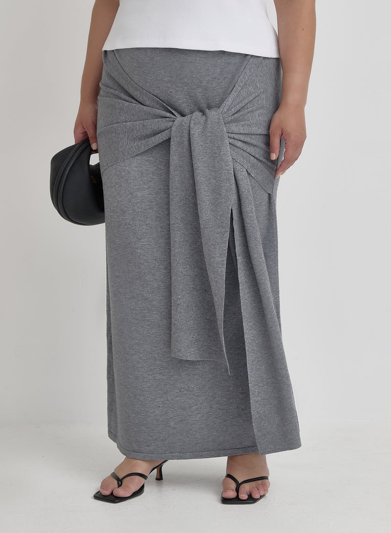 Grey Curve Knit Tie Front Maxi Skirt- Alana