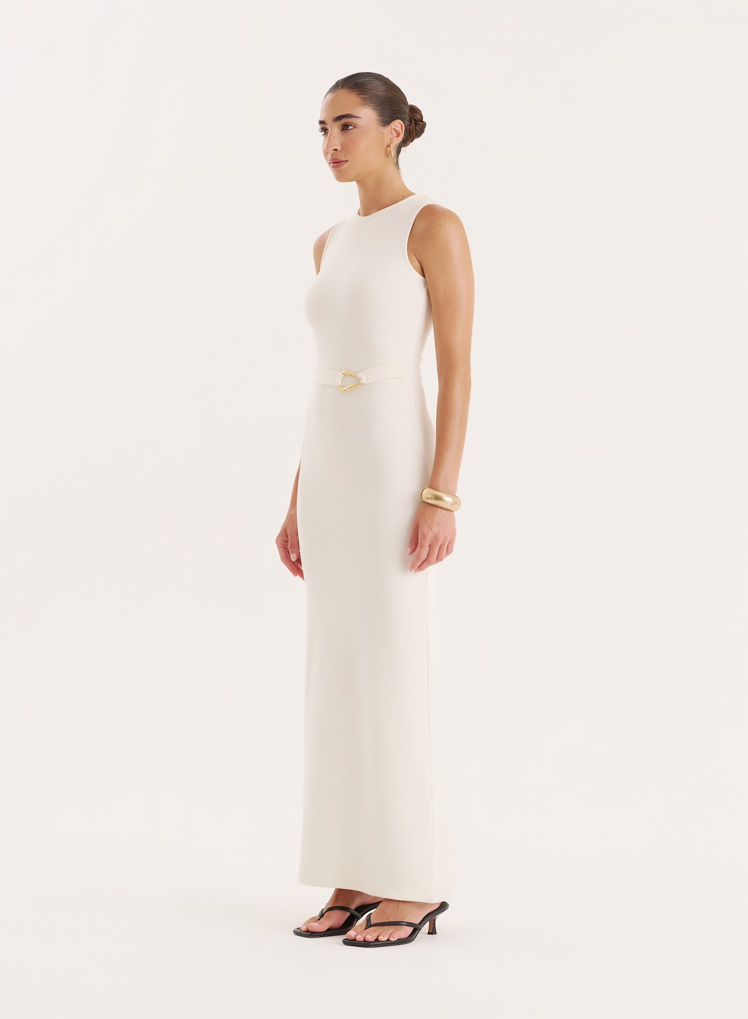 Ecru Gold Hardware Belt Detail Maxi Dress