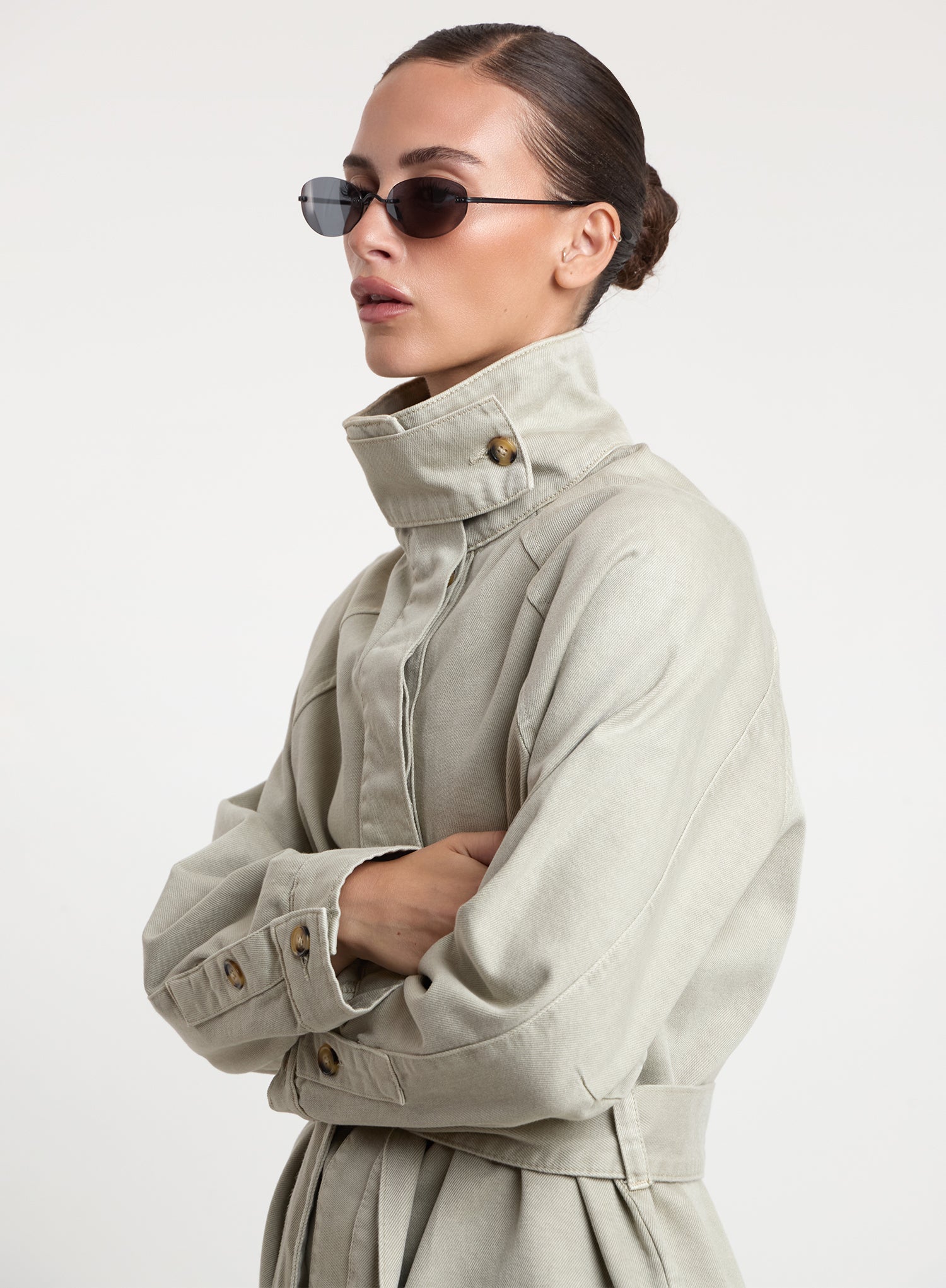 Washed Green Funnel Neck Denim Jacket